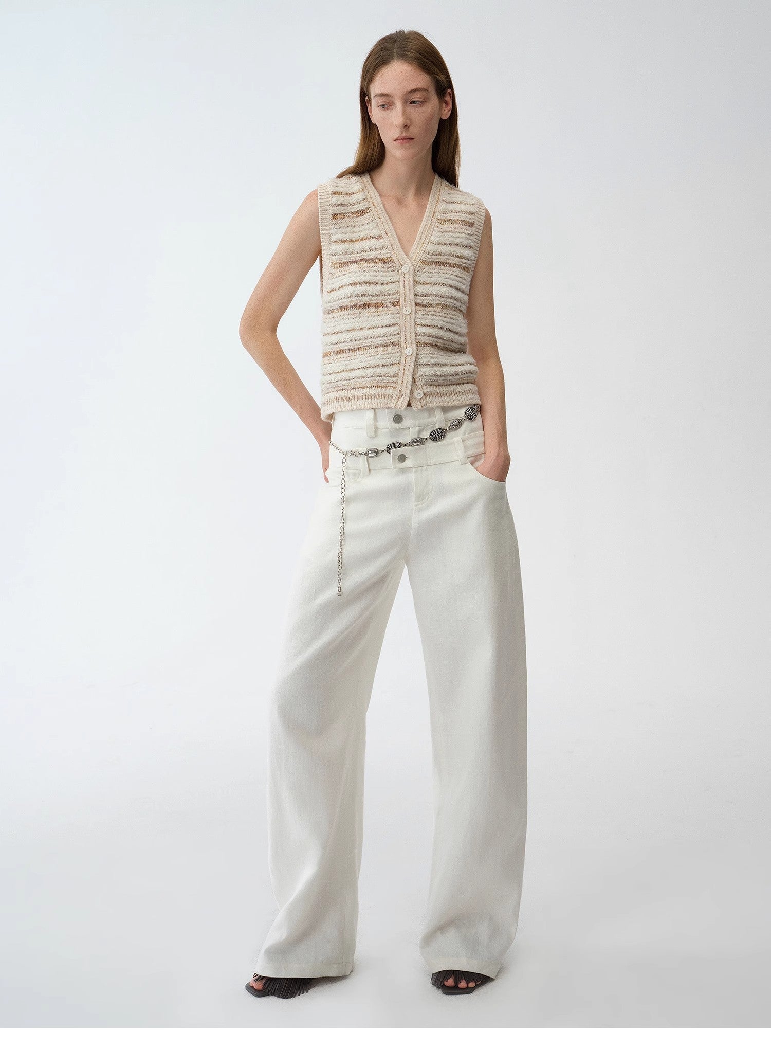 "Nice Weekend" striped mixed woven V - neck early spring layered knitted cardigan top/vest - variant_title
