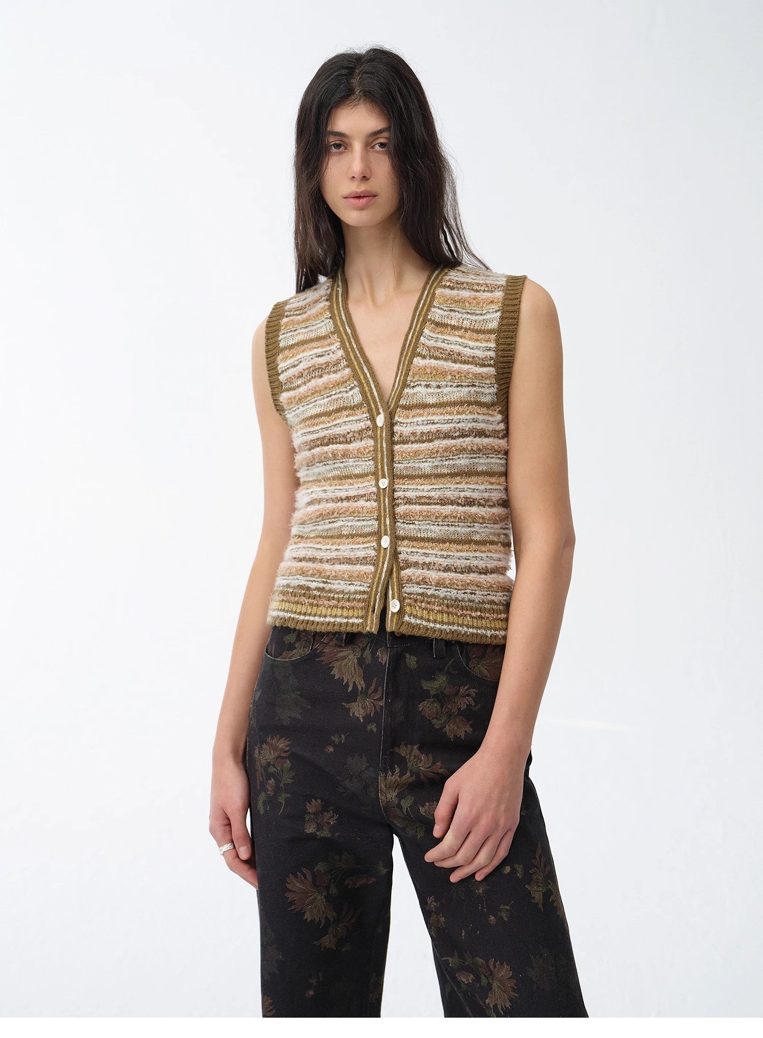 "Nice Weekend" striped mixed woven V - neck early spring layered knitted cardigan top/vest - variant_title