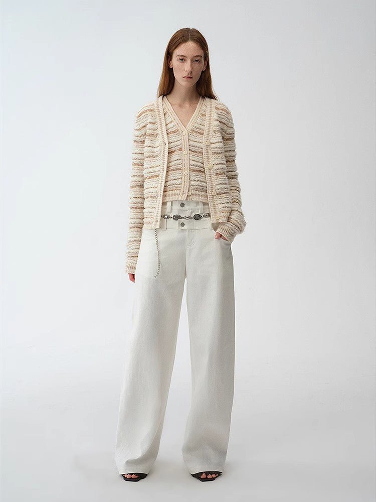 "Nice Weekend" striped mixed woven V - neck early spring layered knitted cardigan top/vest - variant_title
