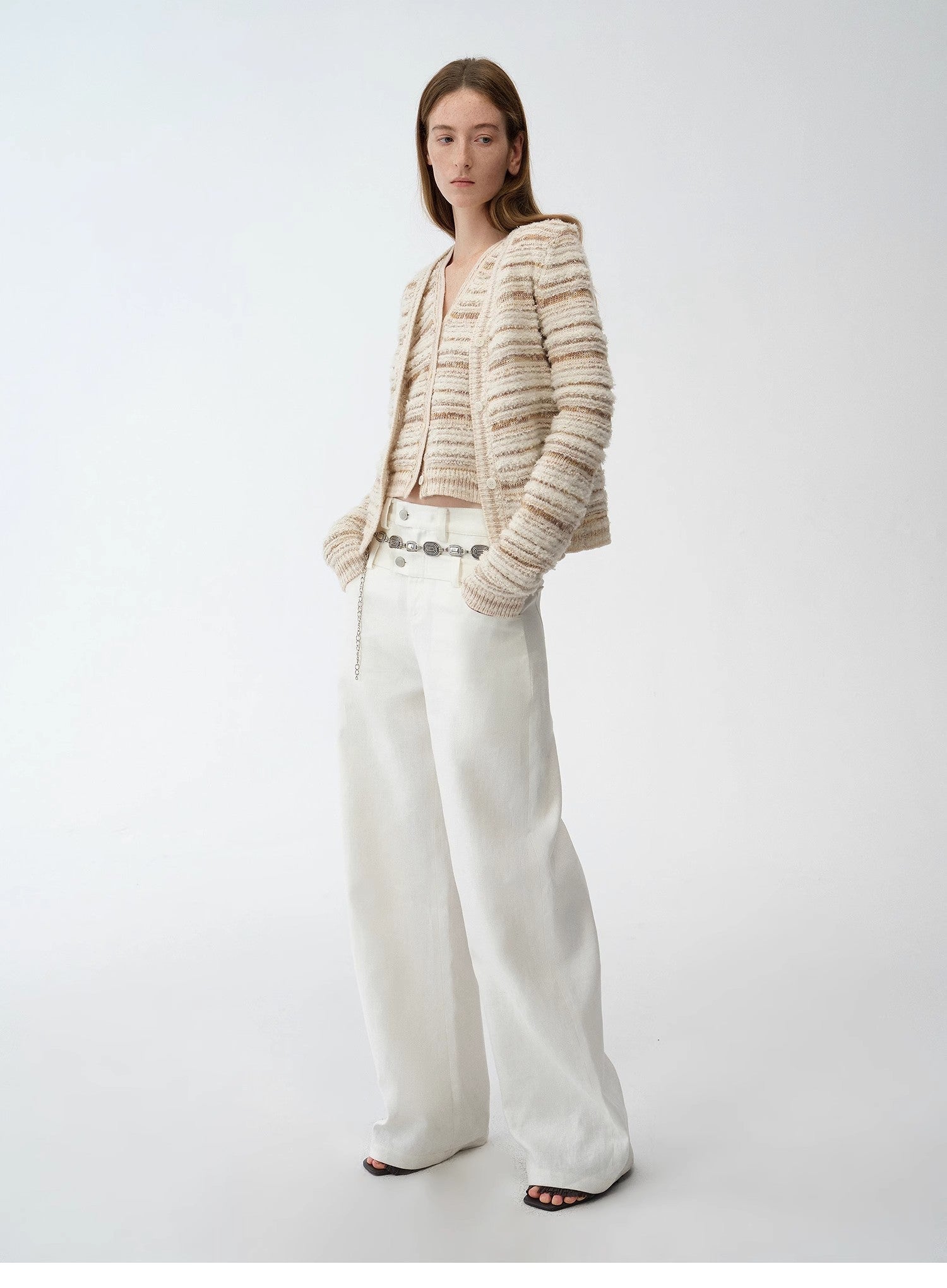 "Nice Weekend" striped mixed woven V - neck early spring layered knitted cardigan top/vest - variant_title