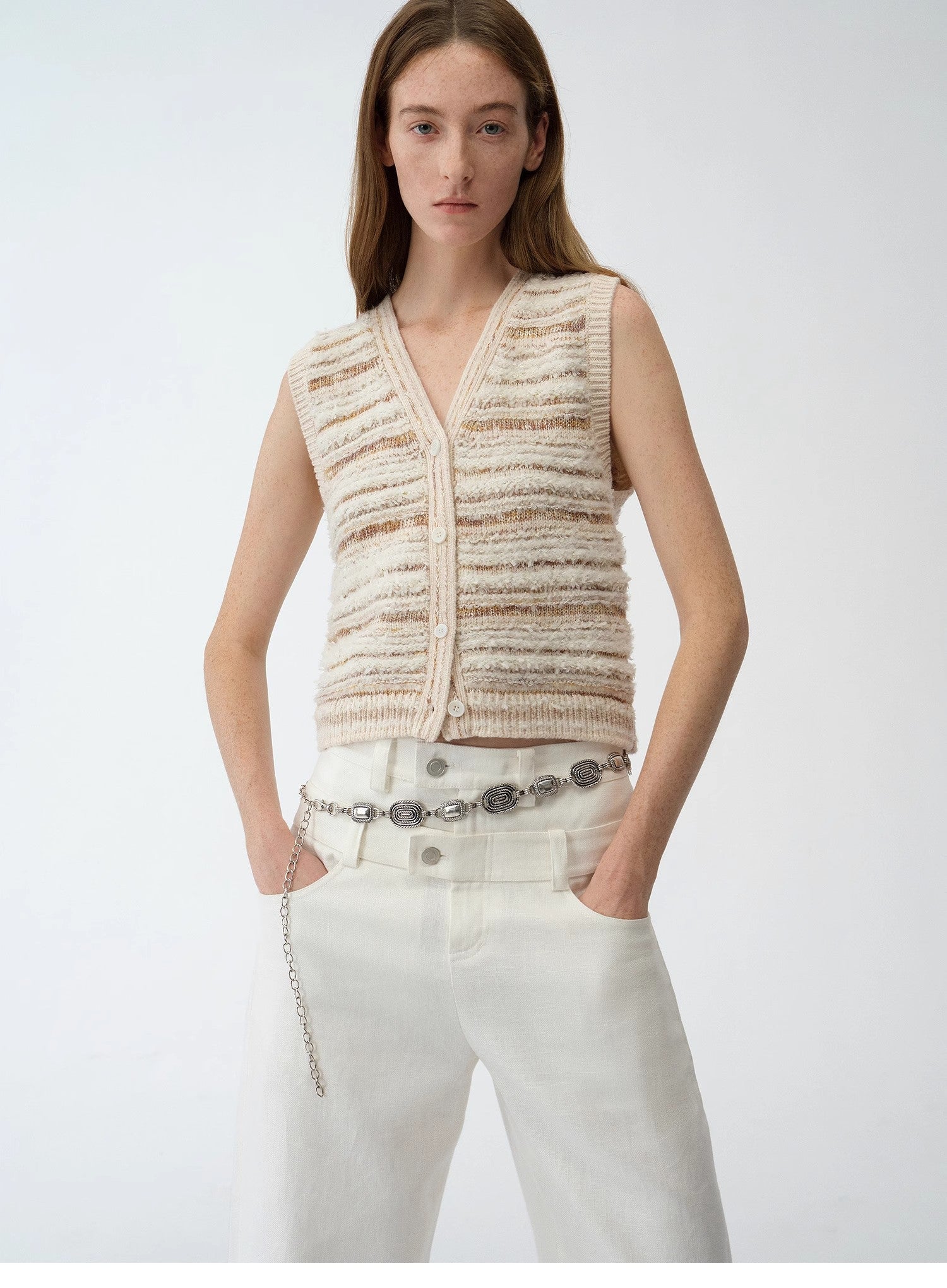 "Nice Weekend" striped mixed woven V - neck early spring layered knitted cardigan top/vest - variant_title