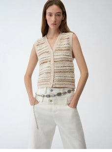 "Nice Weekend" striped mixed woven V - neck early spring layered knitted cardigan top/vest - variant_title