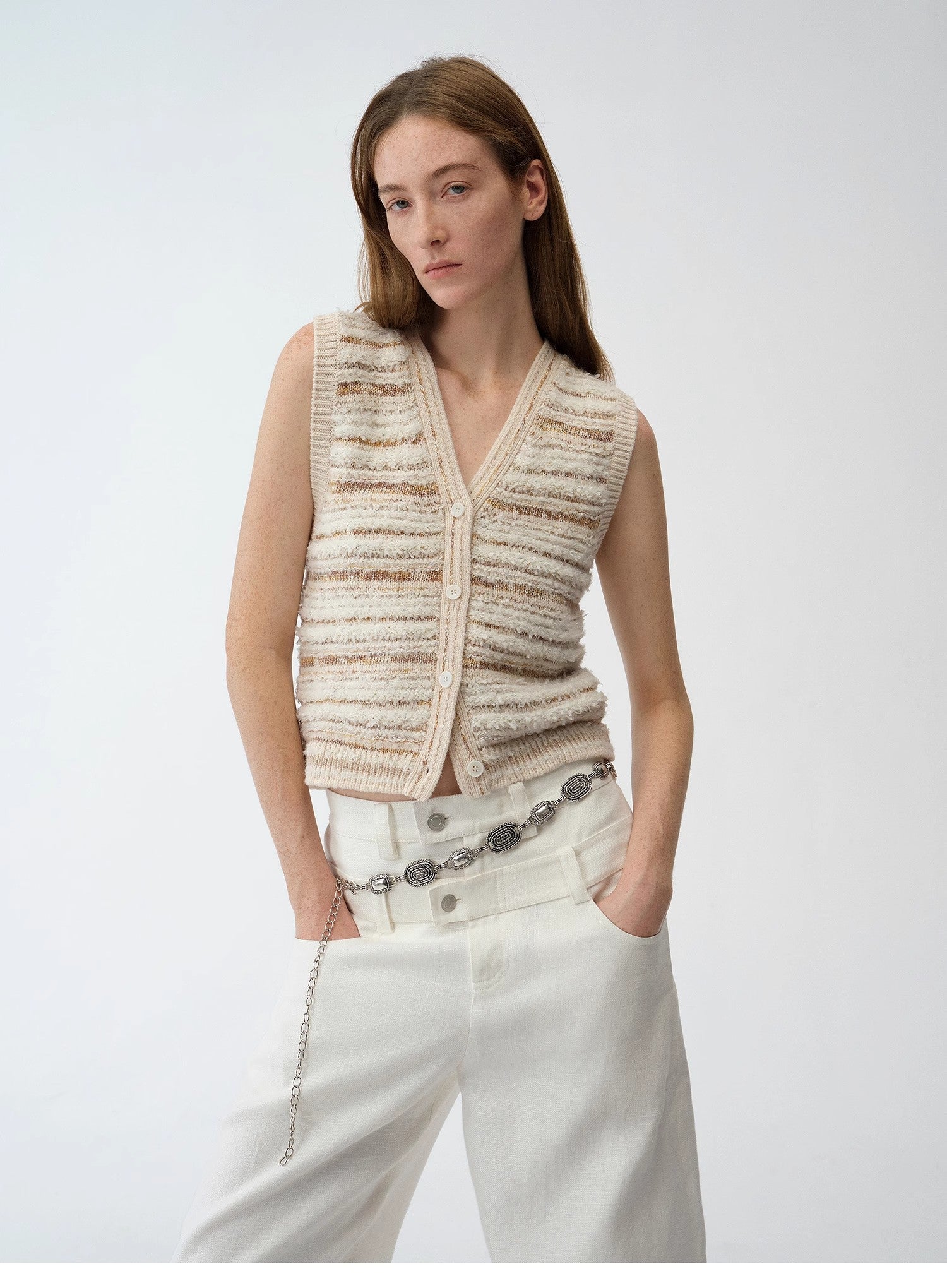 "Nice Weekend" striped mixed woven V - neck early spring layered knitted cardigan top/vest - variant_title