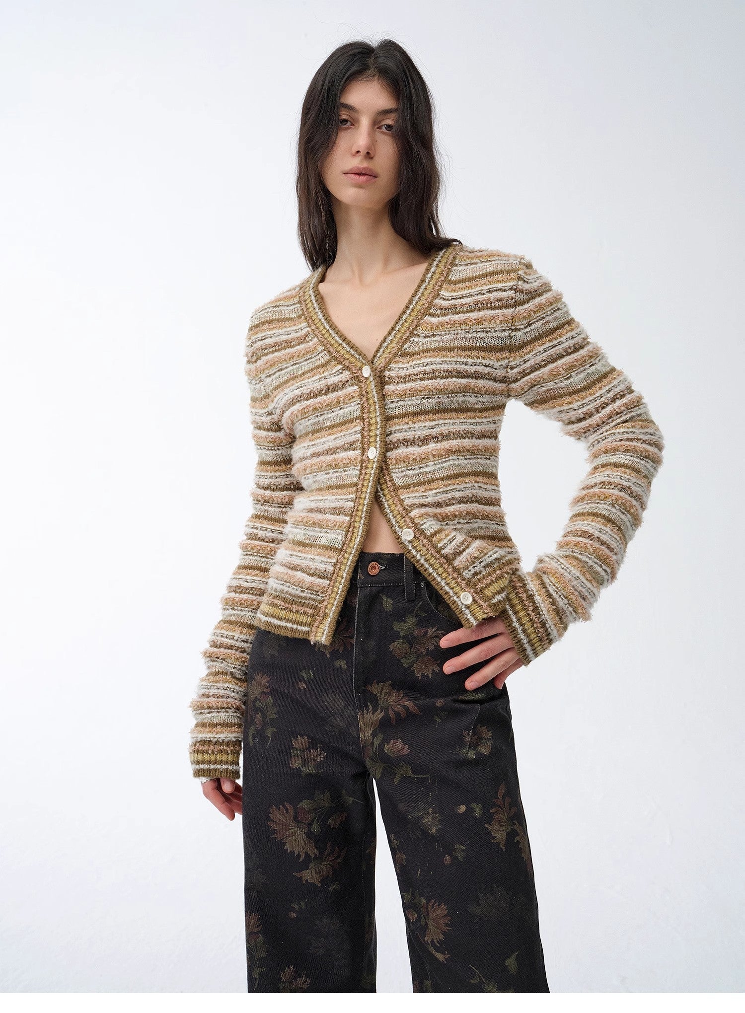 "Nice Weekend" striped mixed woven V - neck early spring layered knitted cardigan top/vest - variant_title