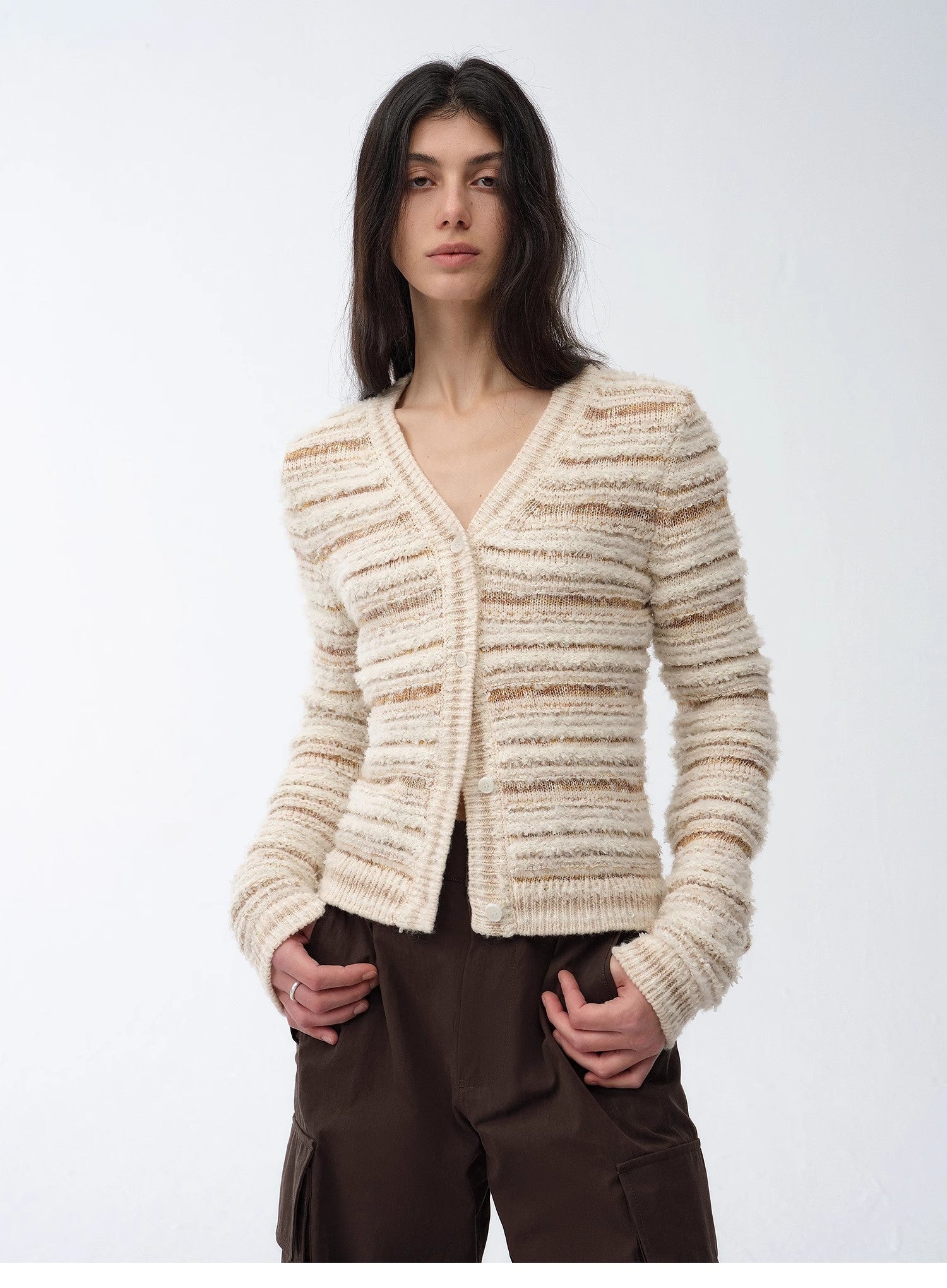 "Nice Weekend" striped mixed woven V - neck early spring layered knitted cardigan top/vest - variant_title
