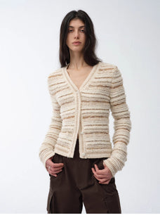 "Nice Weekend" striped mixed woven V - neck early spring layered knitted cardigan top/vest - variant_title