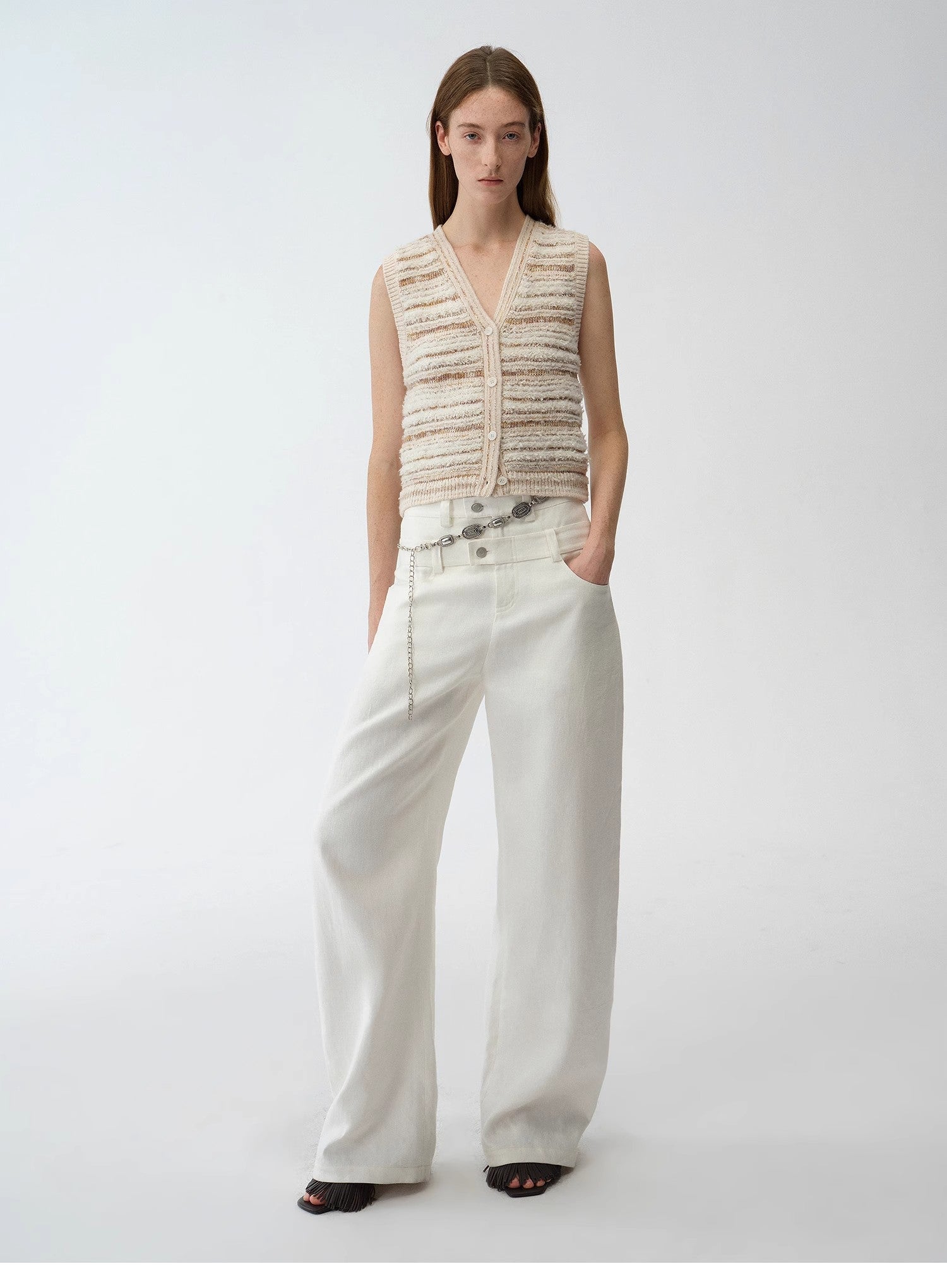 "Nice Weekend" striped mixed woven V - neck early spring layered knitted cardigan top/vest - variant_title