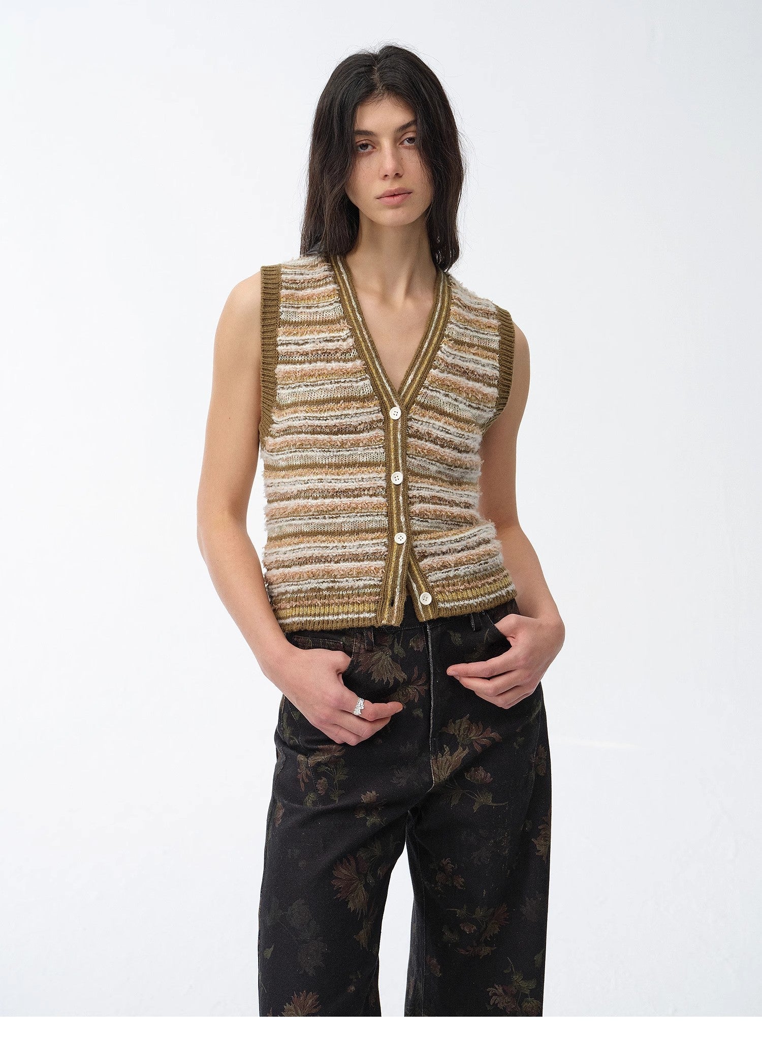 "Nice Weekend" striped mixed woven V - neck early spring layered knitted cardigan top/vest - variant_title