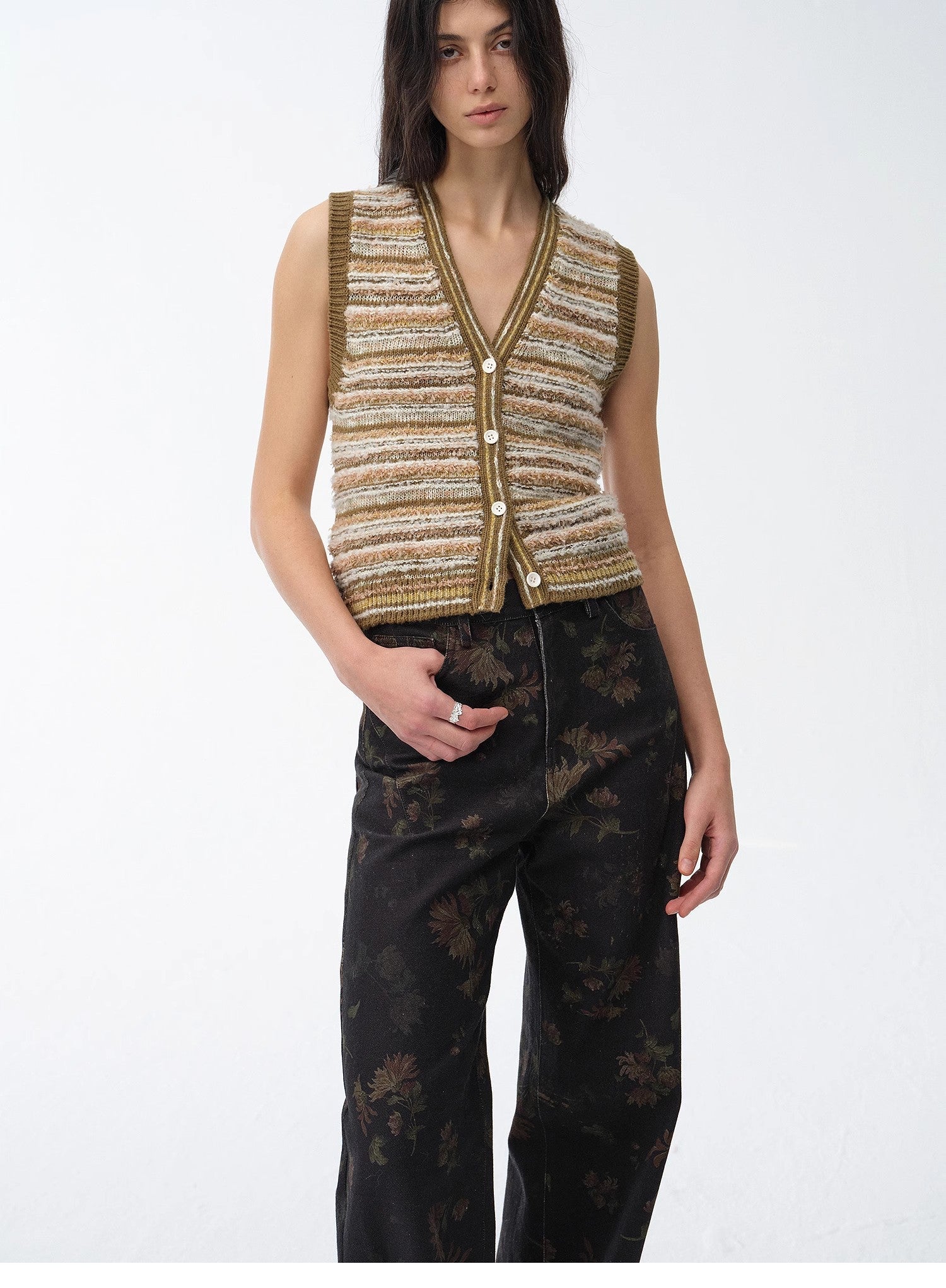 "Nice Weekend" striped mixed woven V - neck early spring layered knitted cardigan top/vest - variant_title