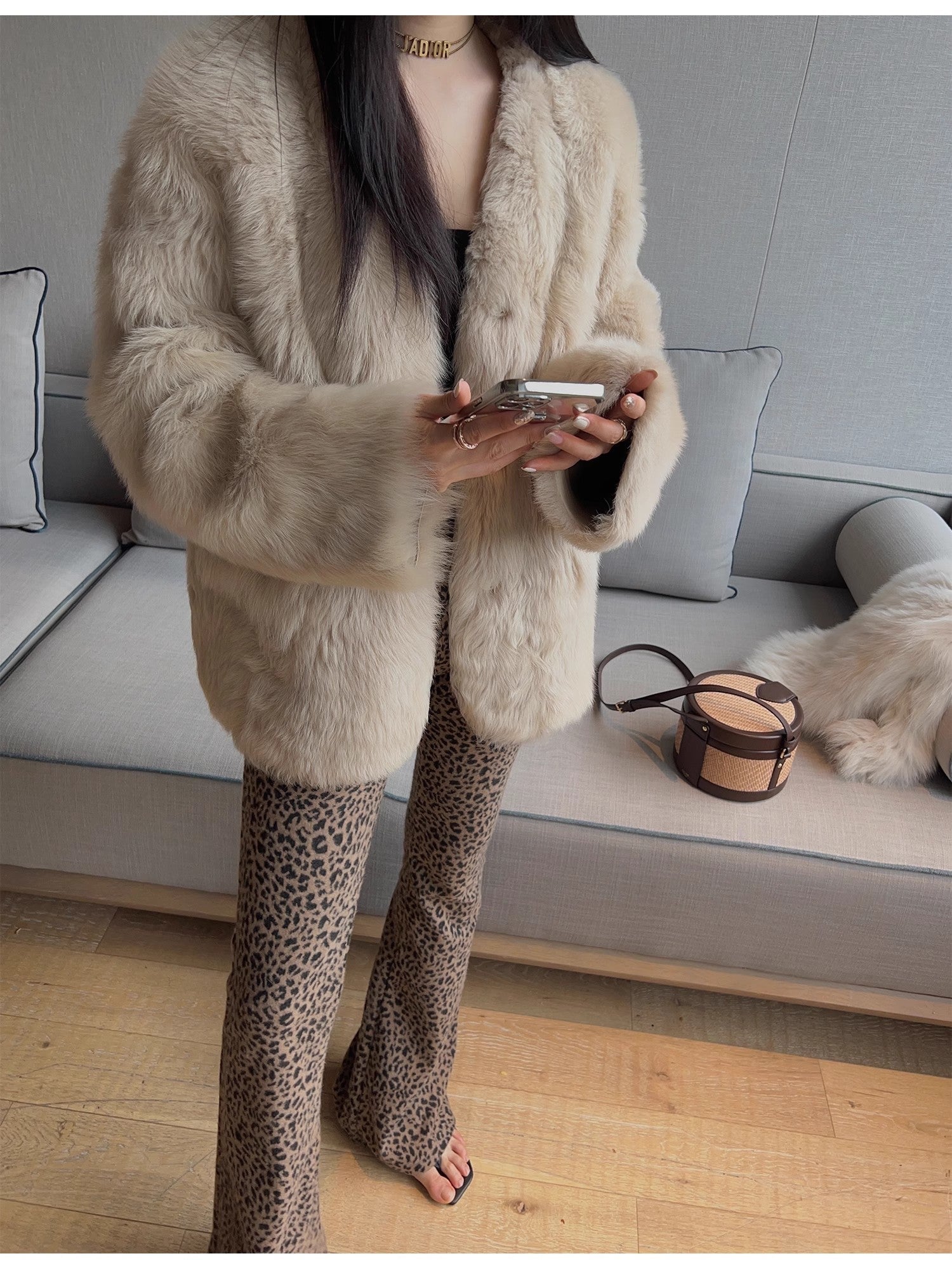 "Night in Paris" imported Tuscan sheepskin women's V - neck age - reducing lamb fur coat - variant_title