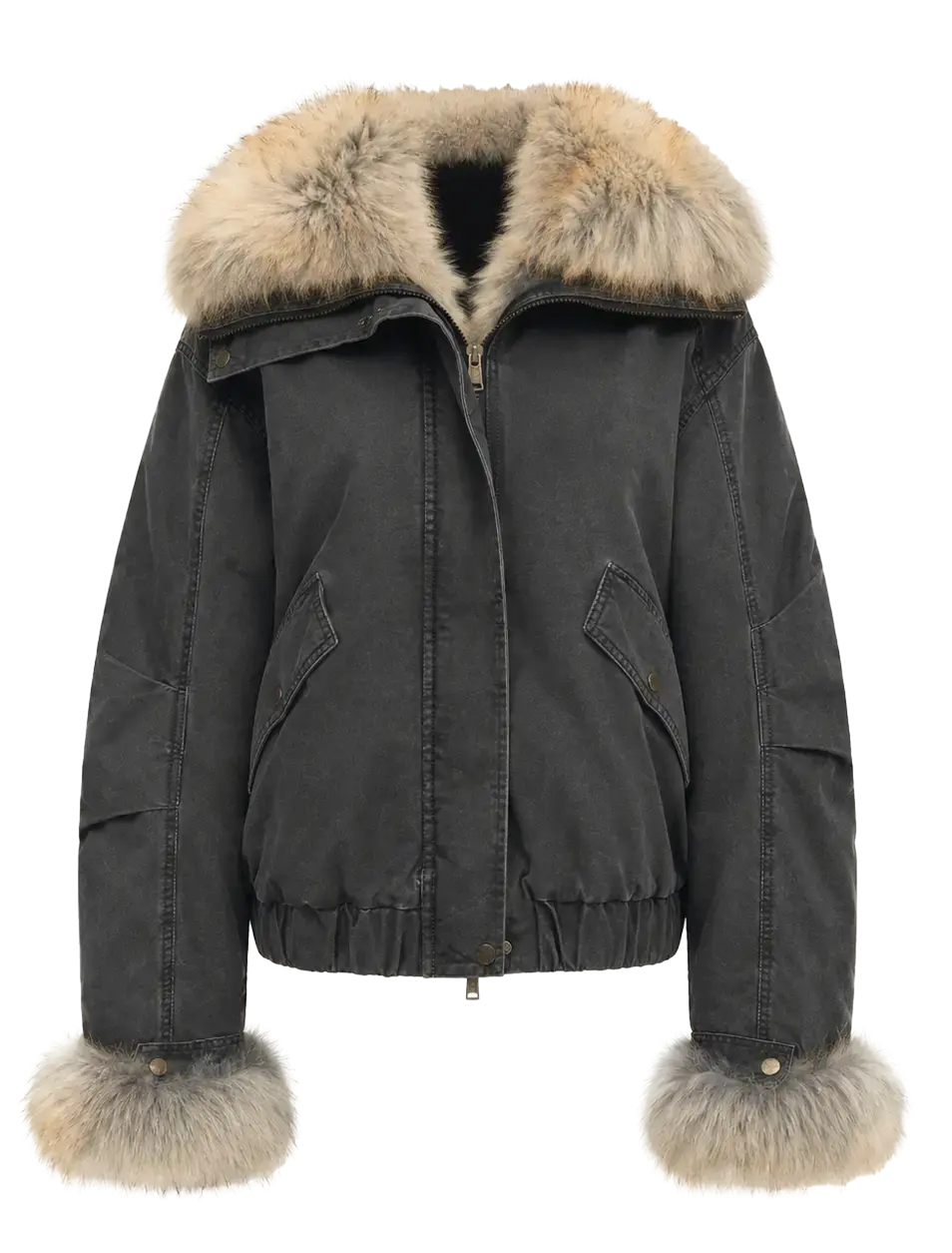 Firelady Fur Nordic Woods Graphite Gray cropped parka with raccoon fur collar front cutout