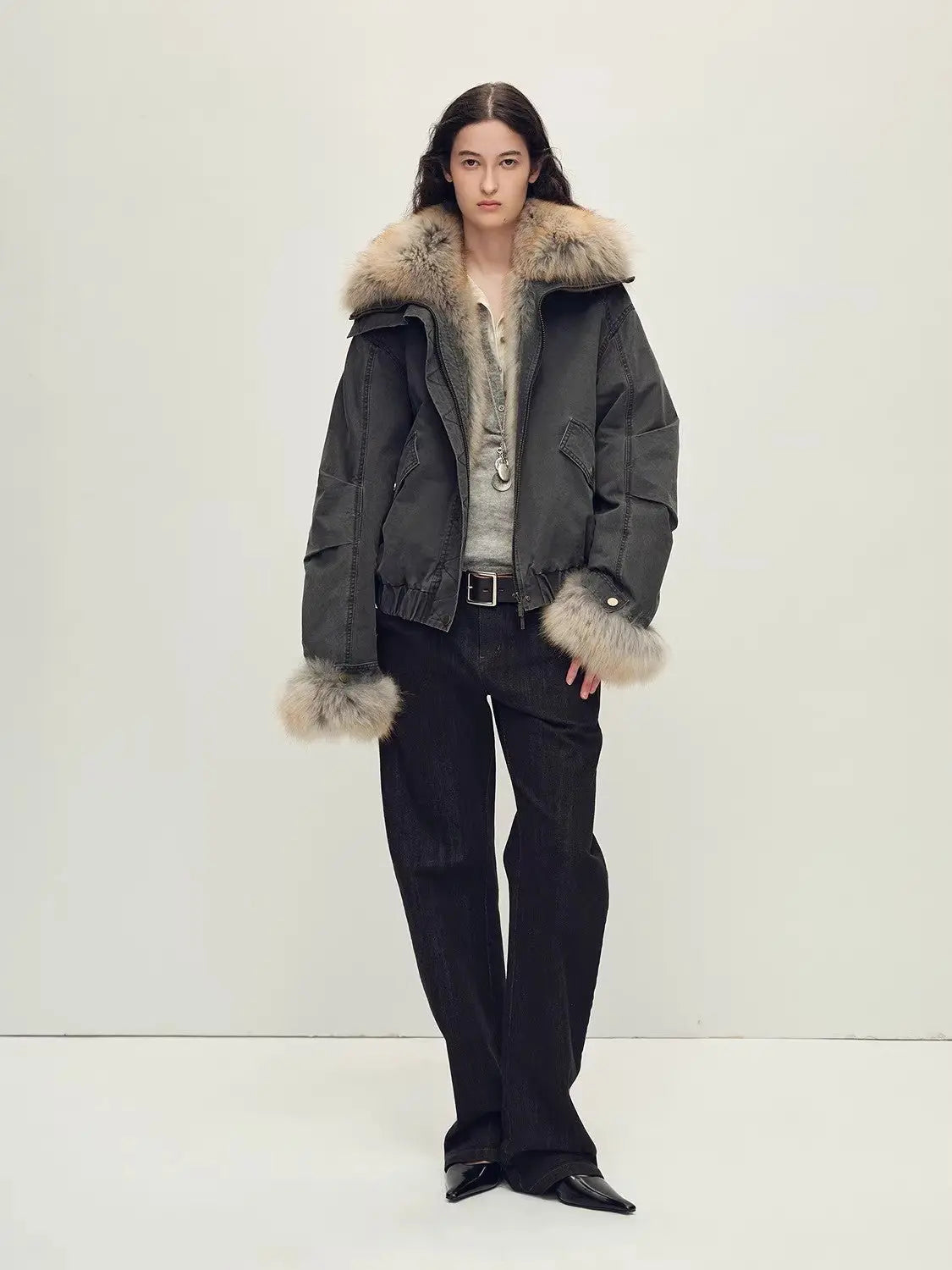 Full-length model view of Firelady Fur Nordic Woods Graphite Gray cropped fur parka