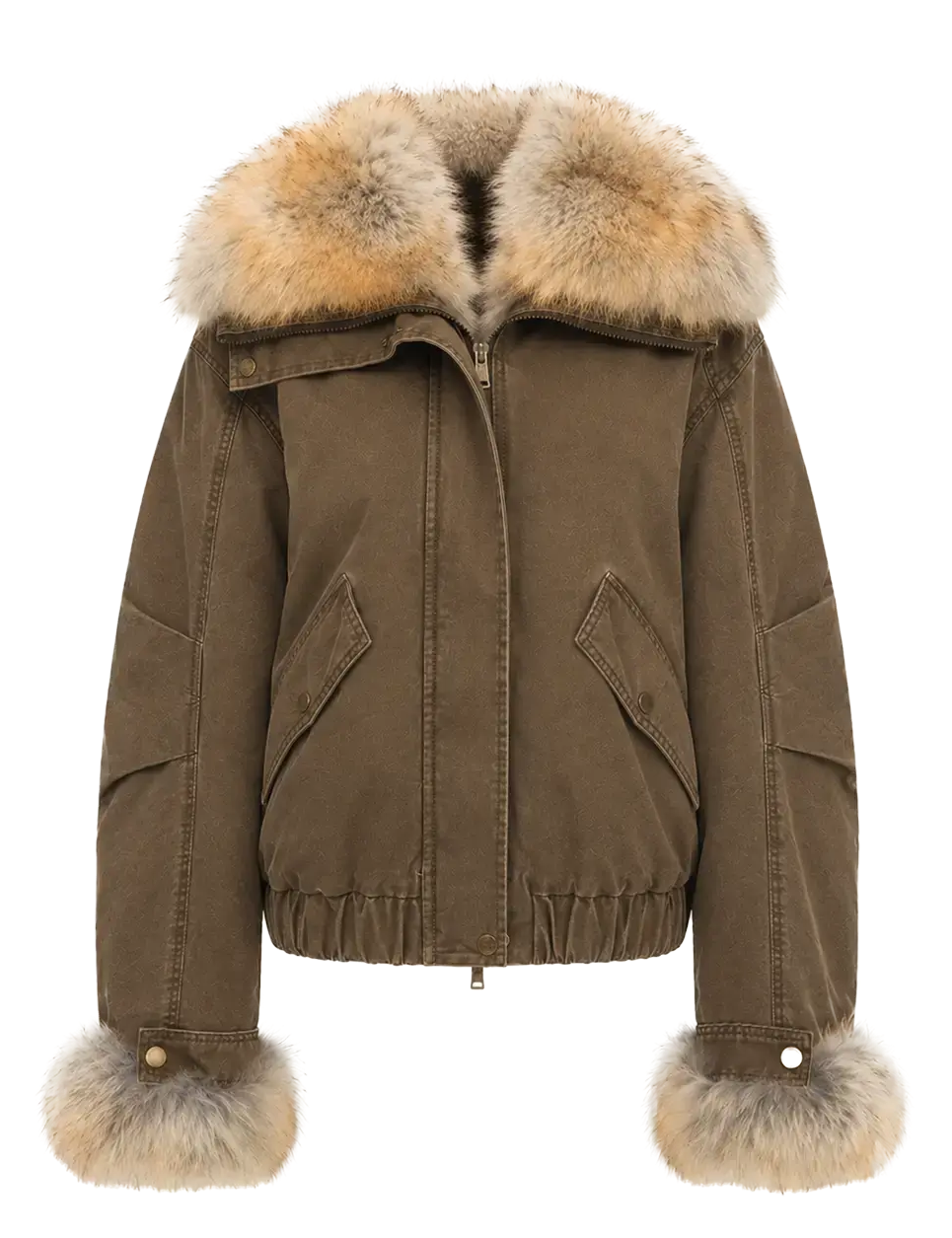 Firelady Fur Nordic Woods Dark Brown cropped parka with raccoon fur trim front cutout