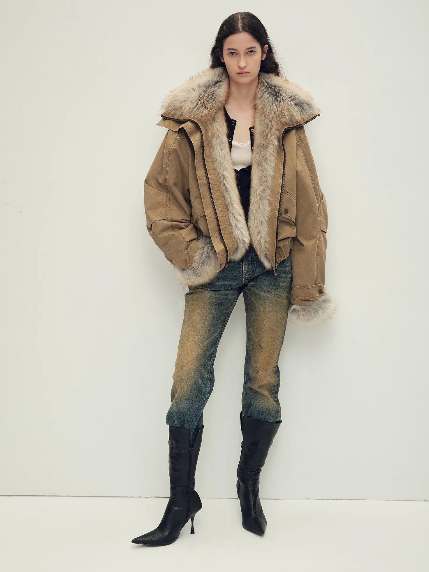 Full-length front model view of Firelady Fur Nordic Woods Khaki cropped fur parka