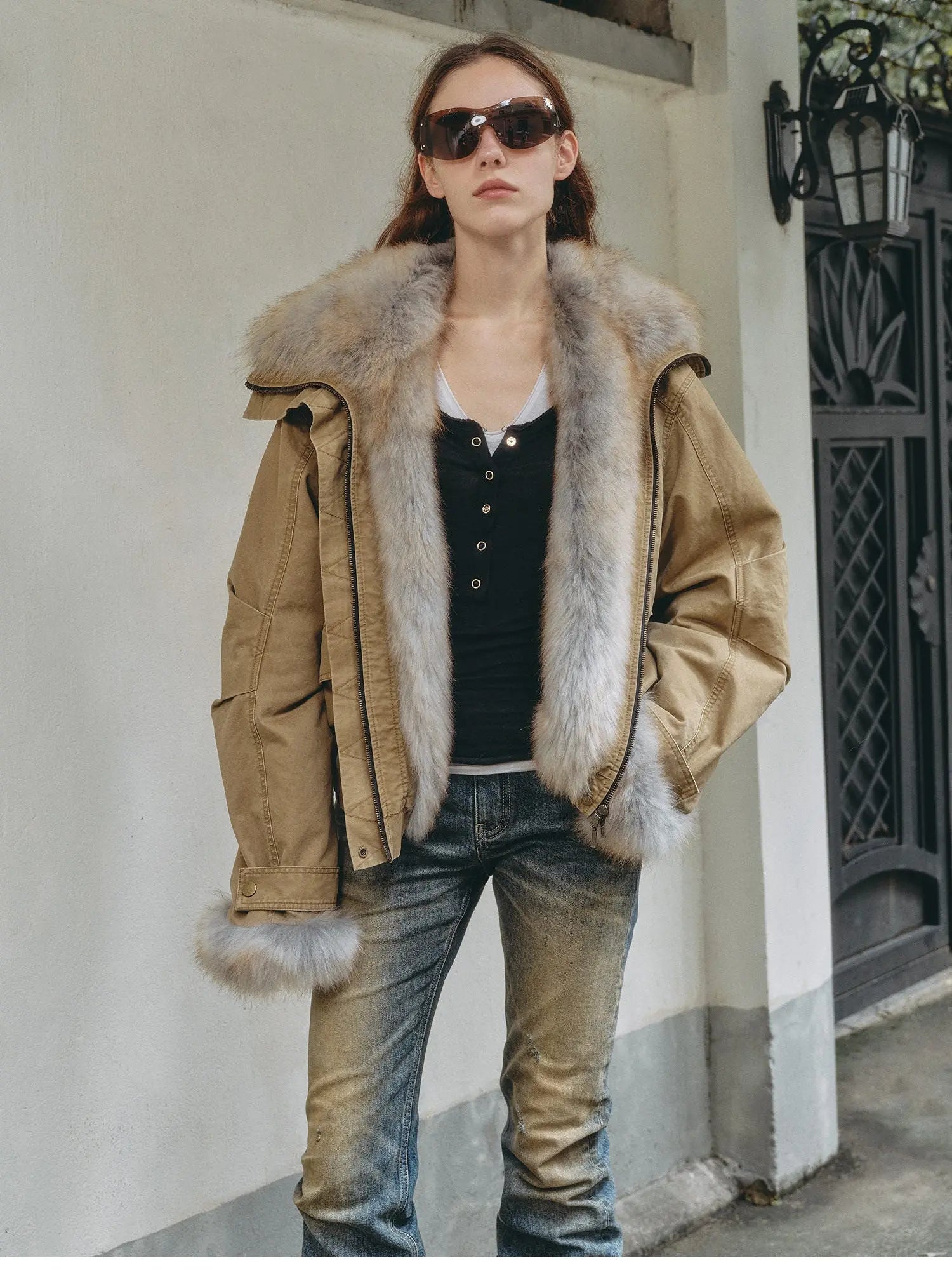 Outdoor front model view of Firelady Fur Nordic Woods Khaki utility down parka
