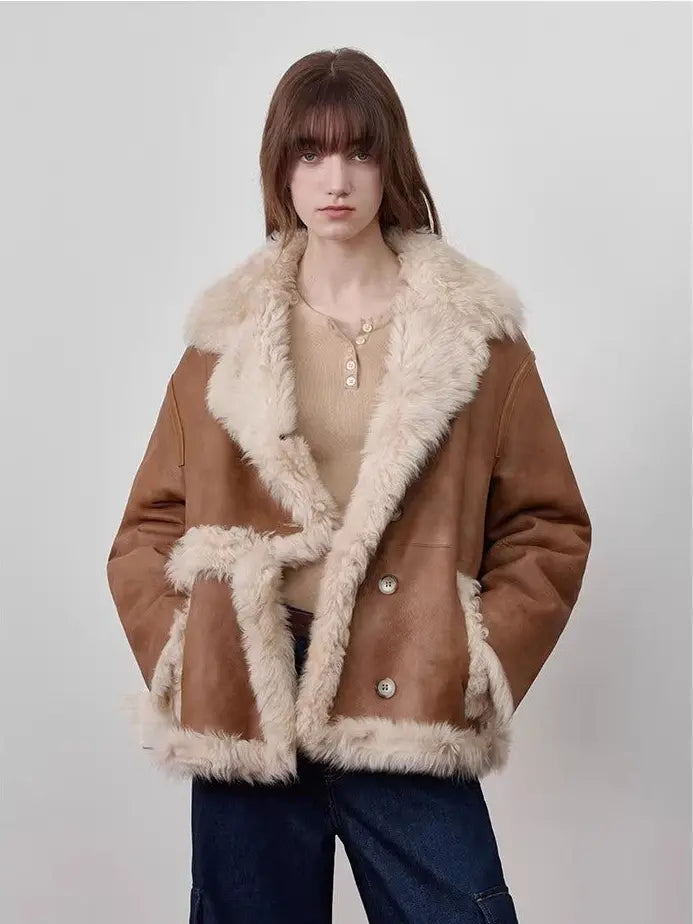 Oppenheimer brown Toscana shearling leather coat, detailed front view