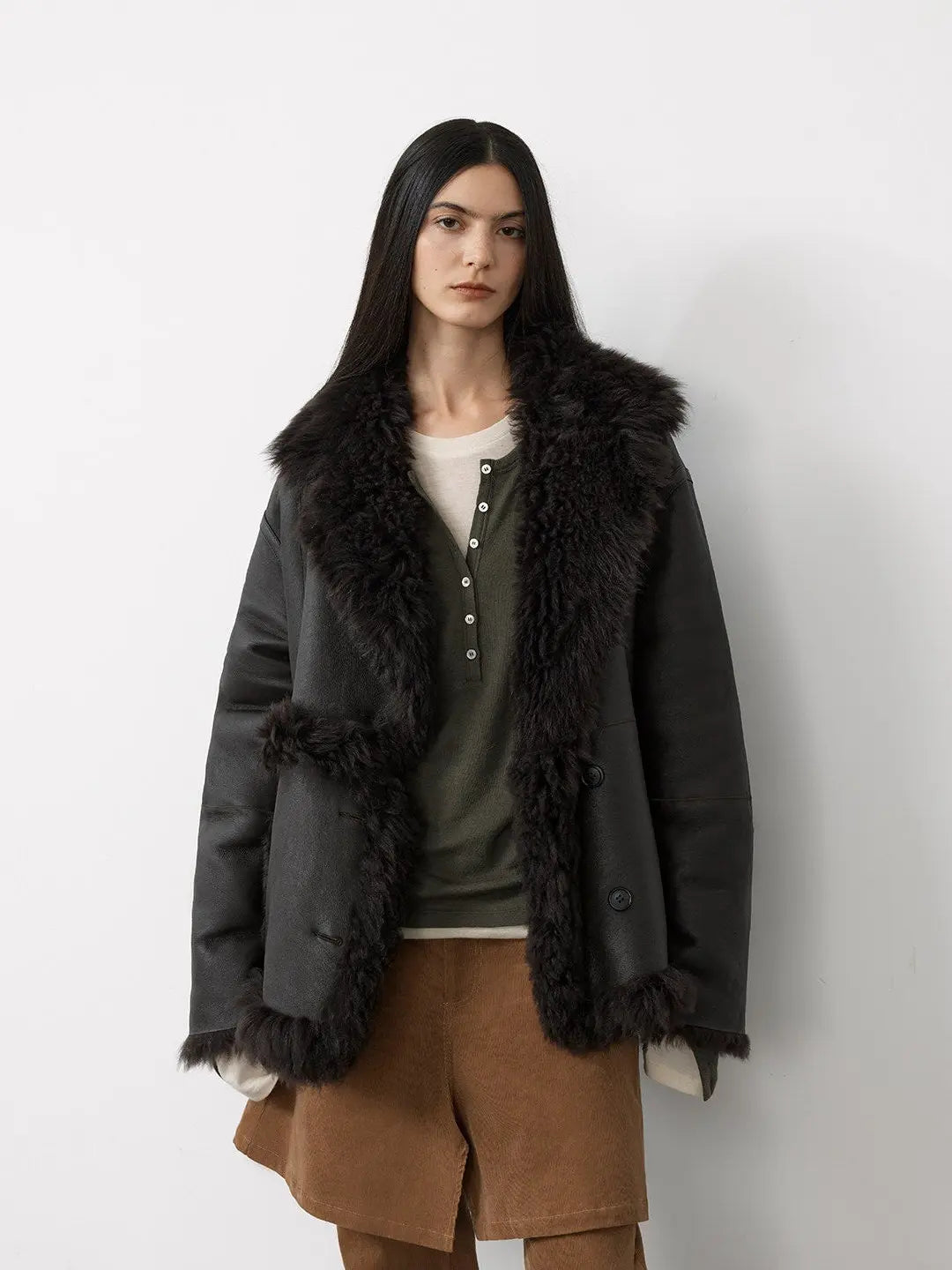 Oppenheimer yellow brown asymmetric Toscana shearling coat, front view