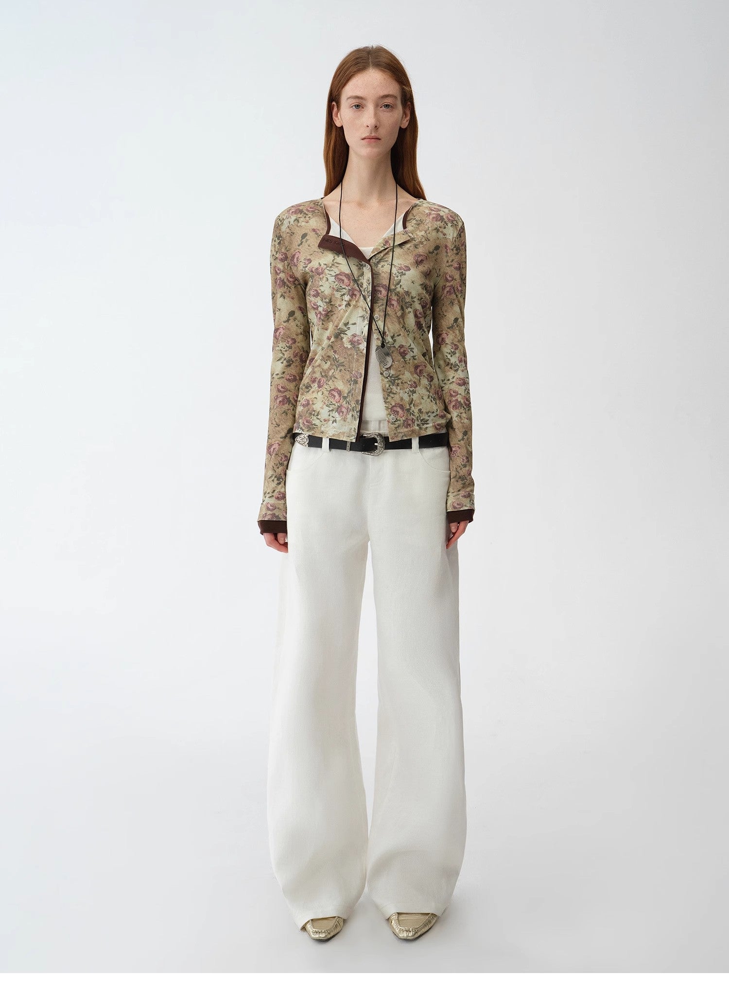 Original retro ethnic print Tencel Merino wool blend long - sleeved shirt"Senna Flower House" - variant_title