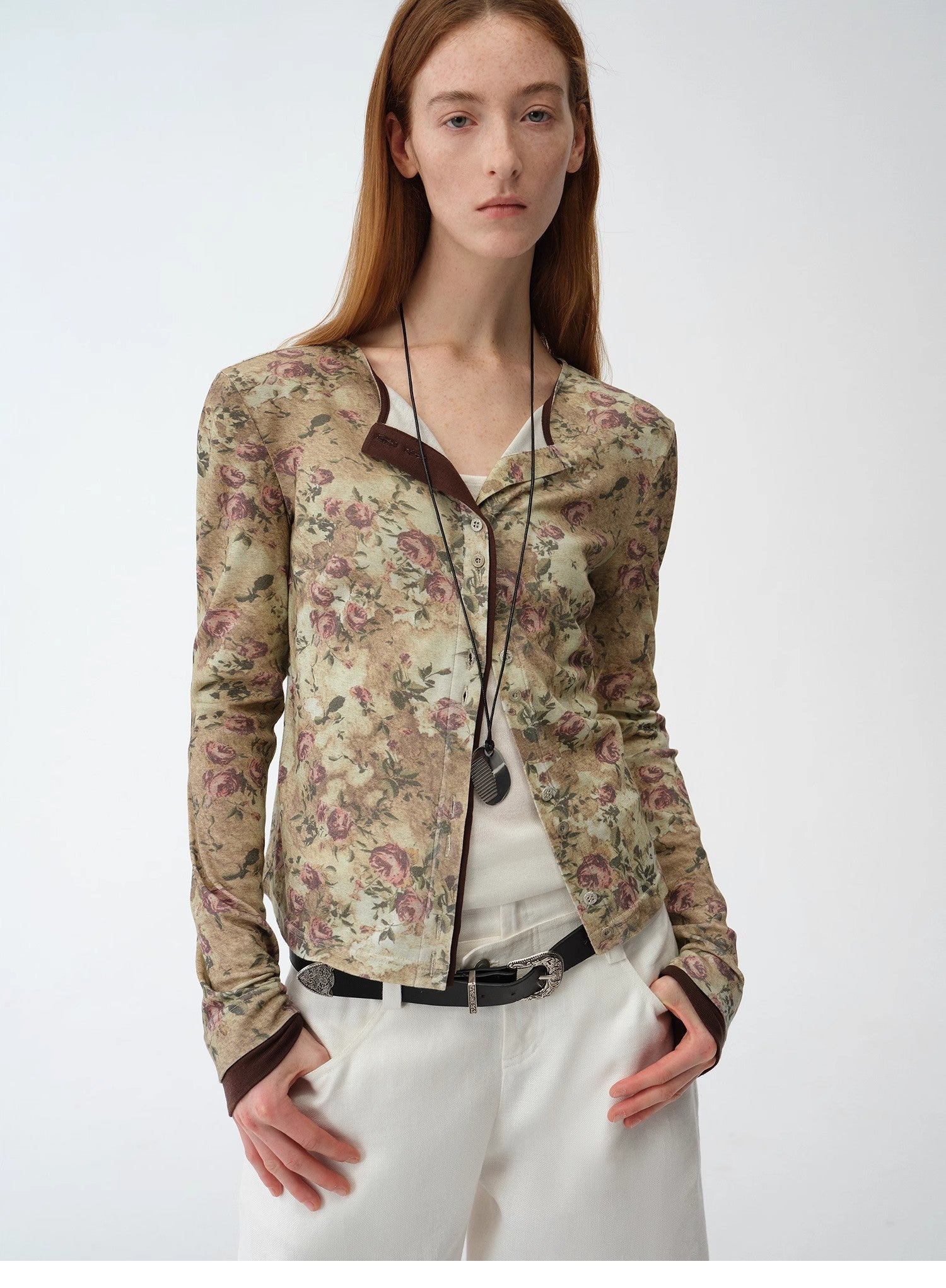 Original retro ethnic print Tencel Merino wool blend long - sleeved shirt"Senna Flower House" - variant_title