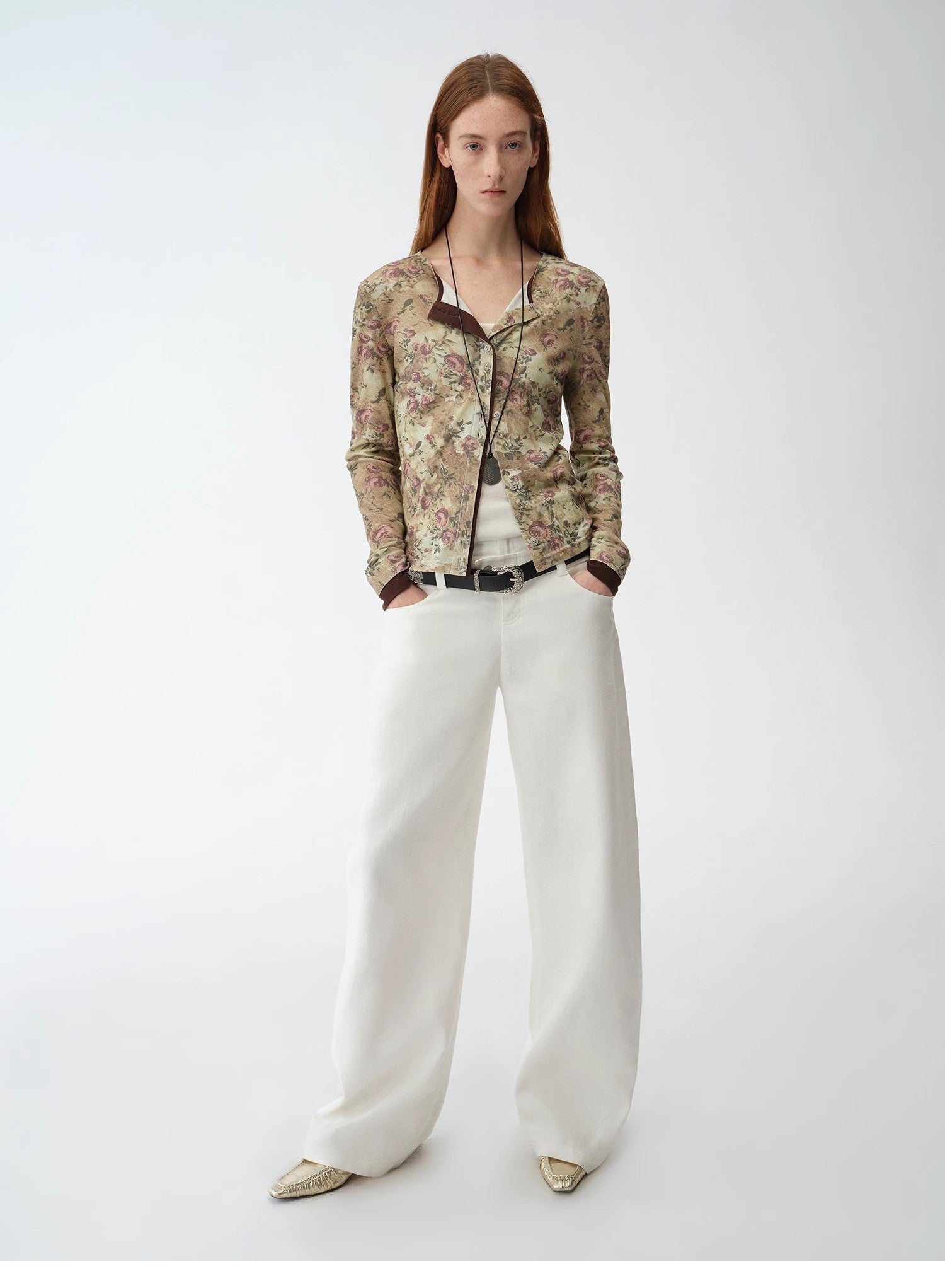 Original retro ethnic print Tencel Merino wool blend long - sleeved shirt"Senna Flower House" - variant_title