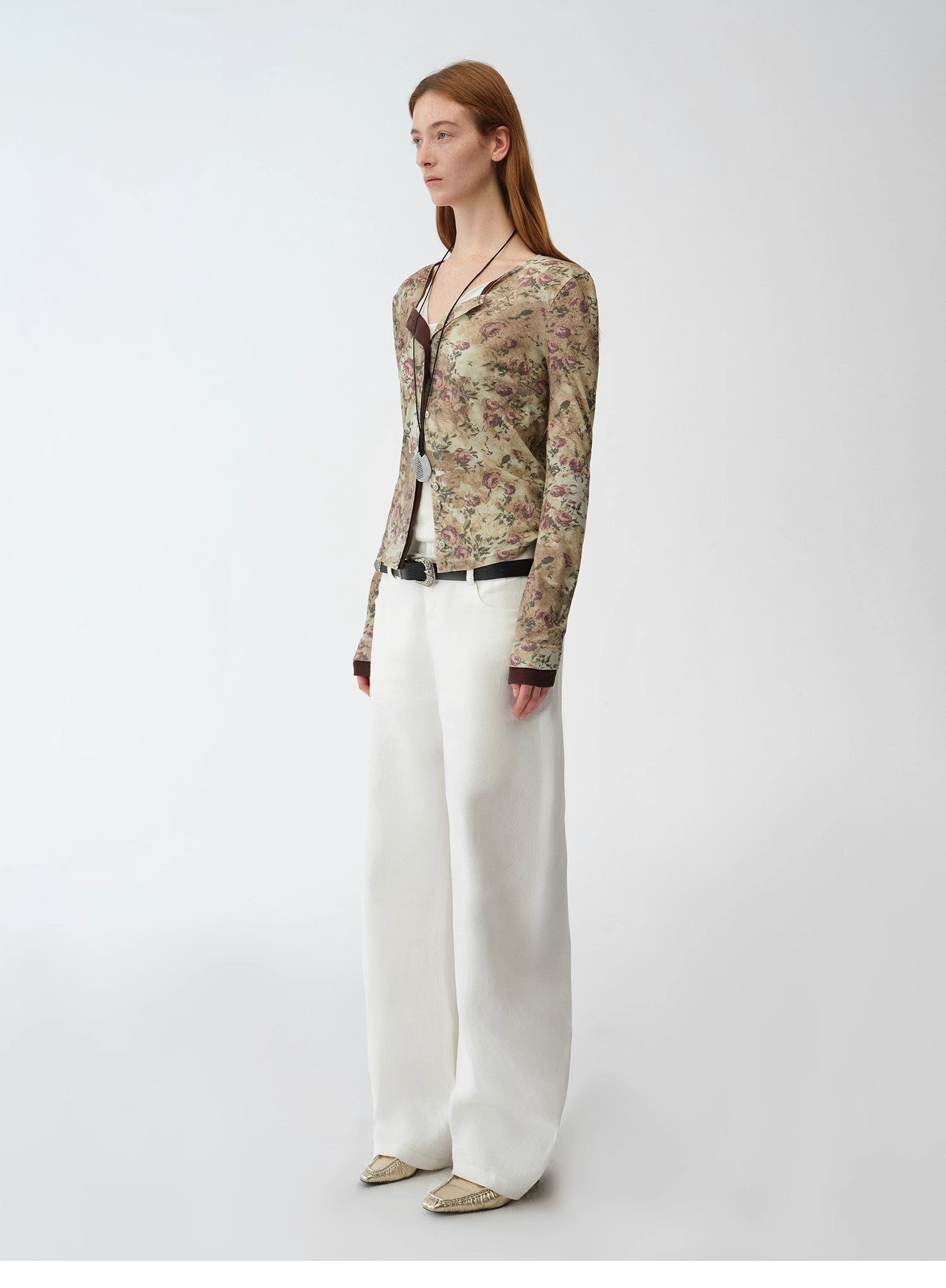 Original retro ethnic print Tencel Merino wool blend long - sleeved shirt"Senna Flower House" - variant_title