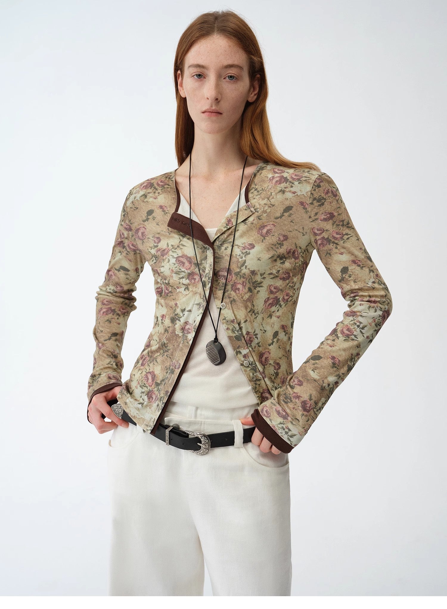 Original retro ethnic print Tencel Merino wool blend long - sleeved shirt"Senna Flower House" - variant_title