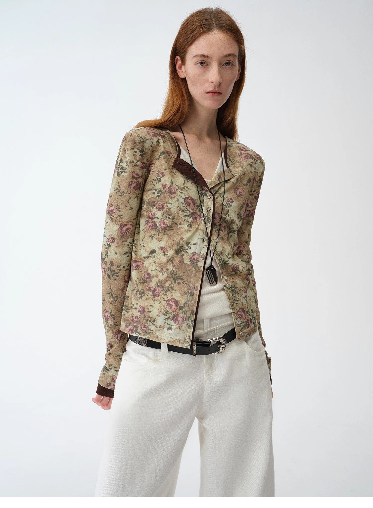 Original retro ethnic print Tencel Merino wool blend long - sleeved shirt"Senna Flower House" - variant_title
