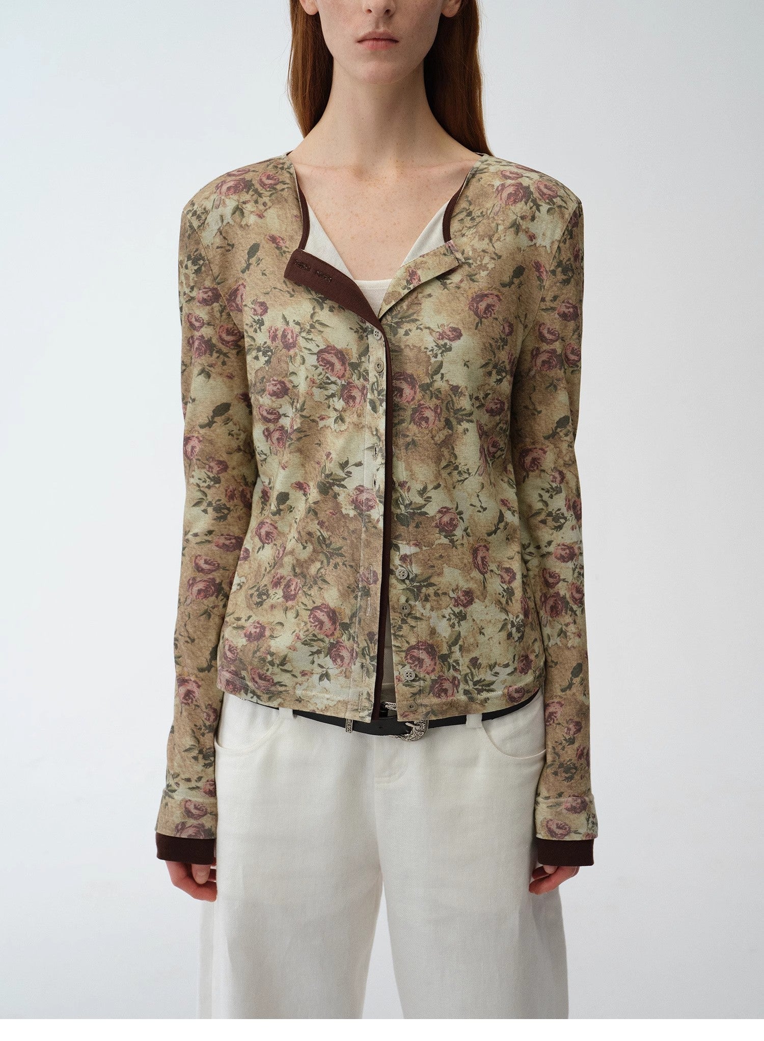 Original retro ethnic print Tencel Merino wool blend long - sleeved shirt"Senna Flower House" - variant_title