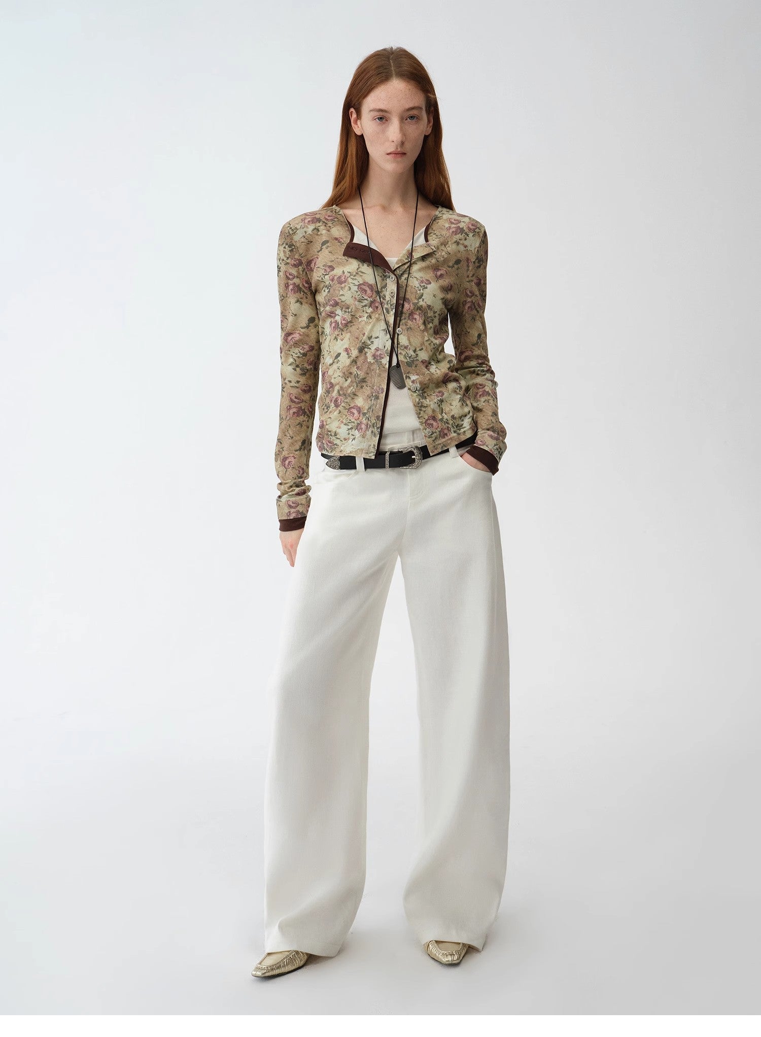 Original retro ethnic print Tencel Merino wool blend long - sleeved shirt"Senna Flower House" - variant_title