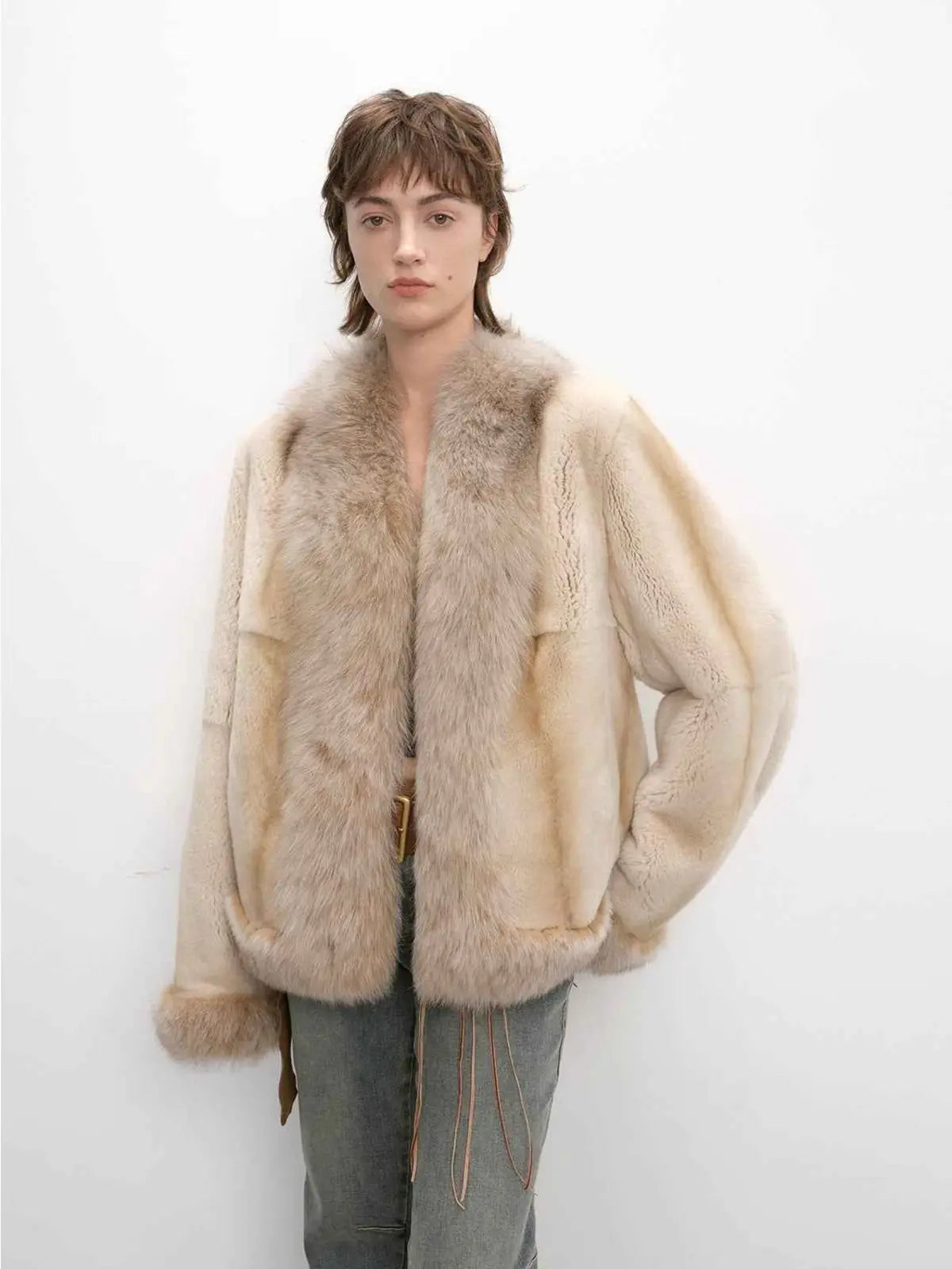 Paris Pictorial apricot two-tone Rex rabbit fur jacket relaxed model view