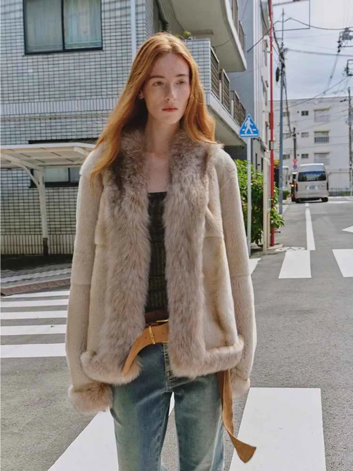 Paris Pictorial apricot rabbit fur jacket street style model view