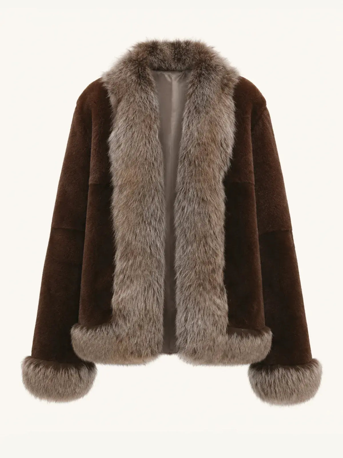 Paris Pictorial brown Rex rabbit fur jacket with fox fur collar front product view