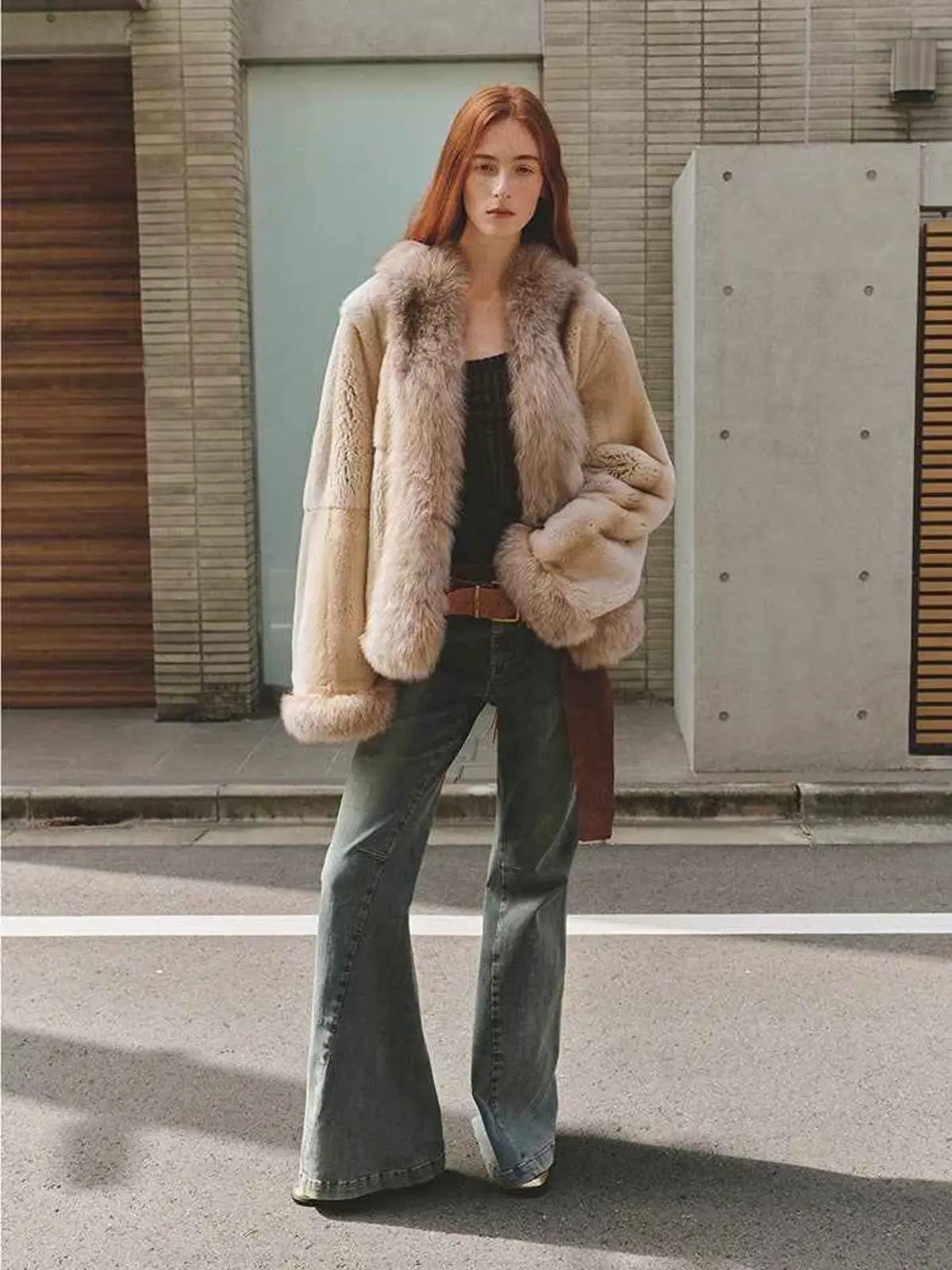 Paris Pictorial brown rabbit fur jacket relaxed side model view