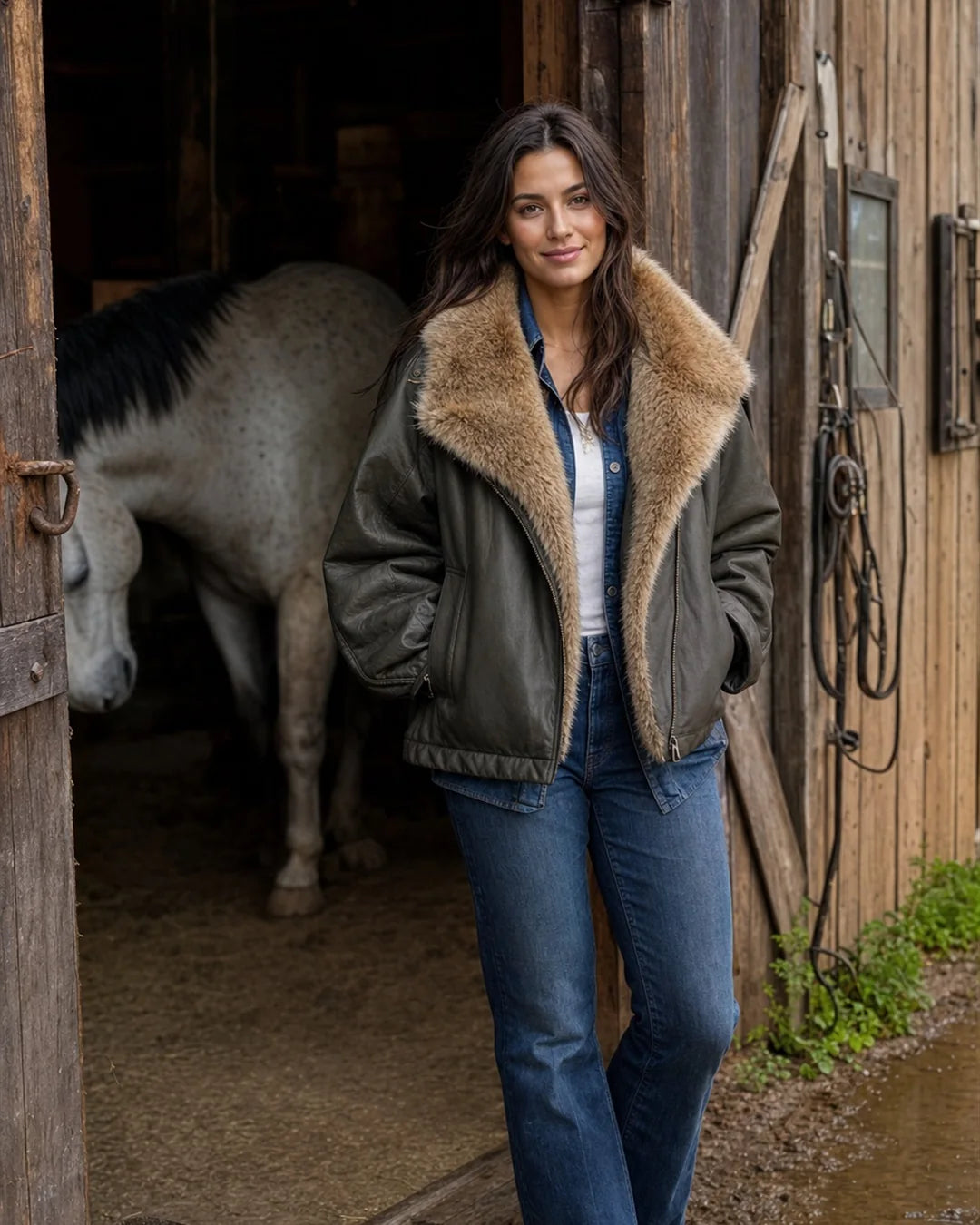 Woman wearing a mixed-material fur-trim jacket in a stable setting