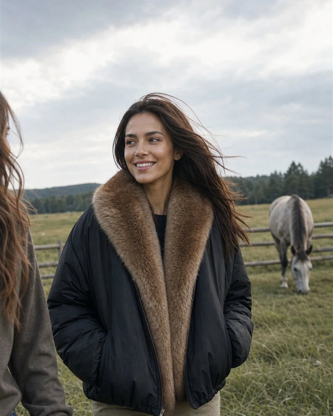 Black fur-trim parka worn outdoors for practical cold-weather use