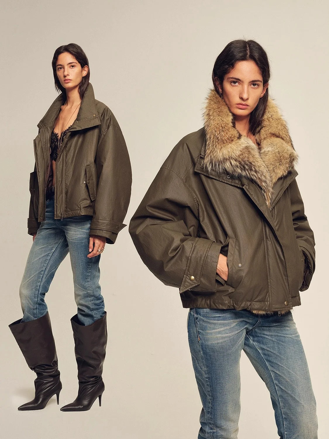 Two women showing contrasting fur-trim parka silhouettes