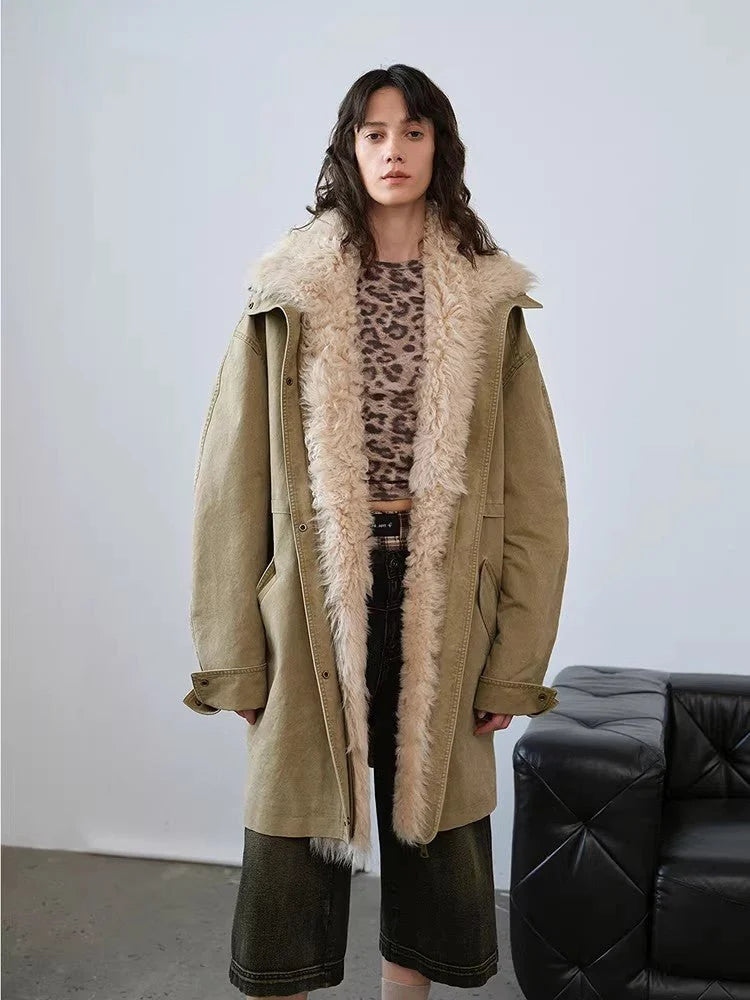Fur trim parka showing hood pockets and weather utility