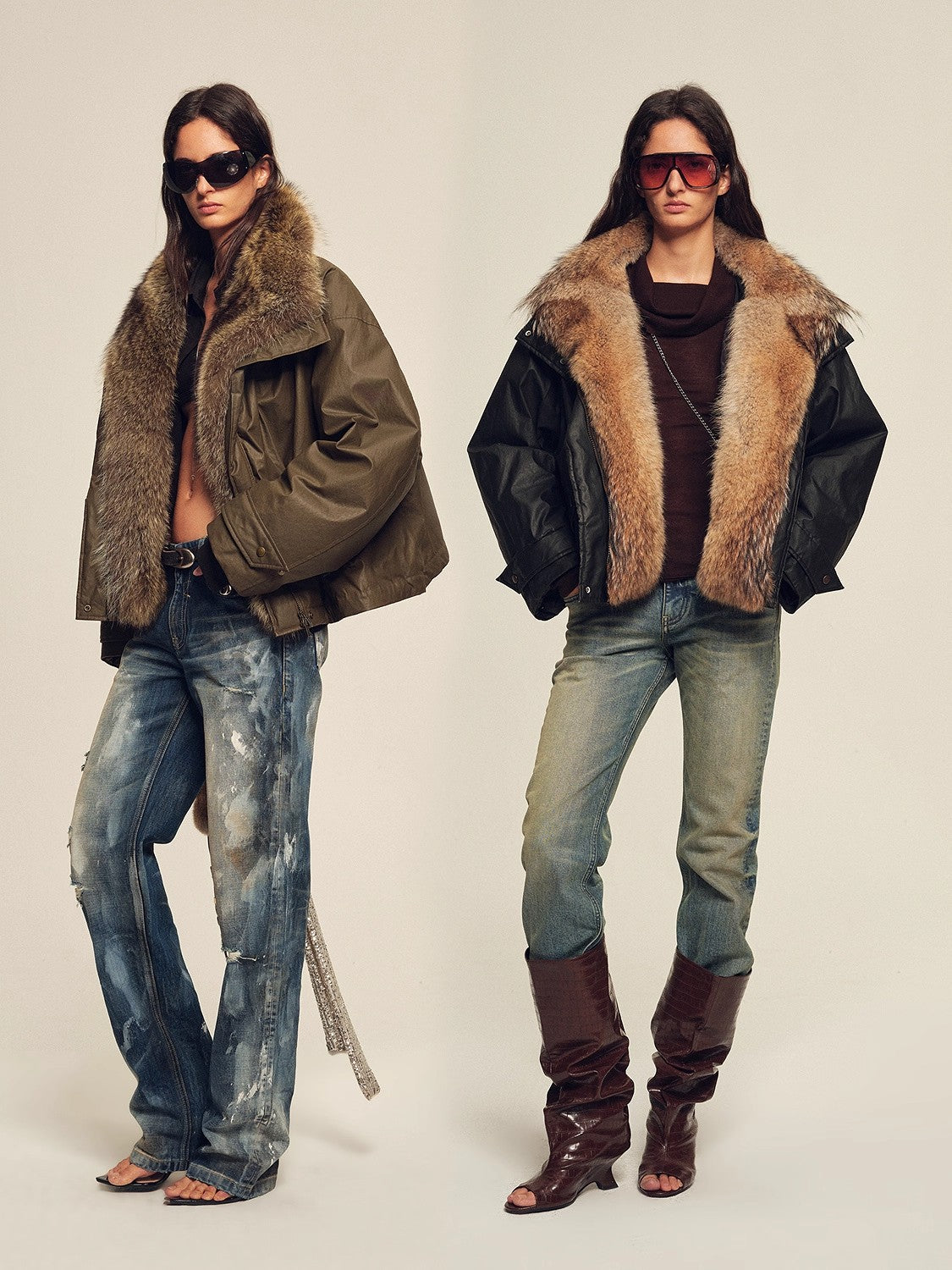 Two olive fur-trim parkas styled as a collection comparison