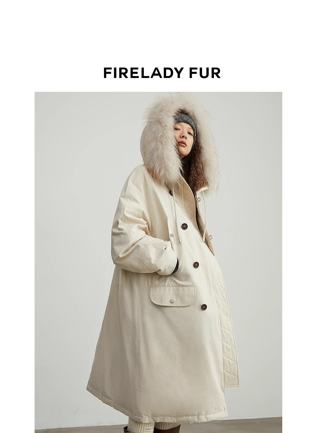 Long white parka with a full fur-trim hood