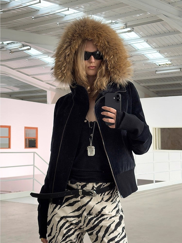 Black parka with a large fur-trim hood for the trim decision