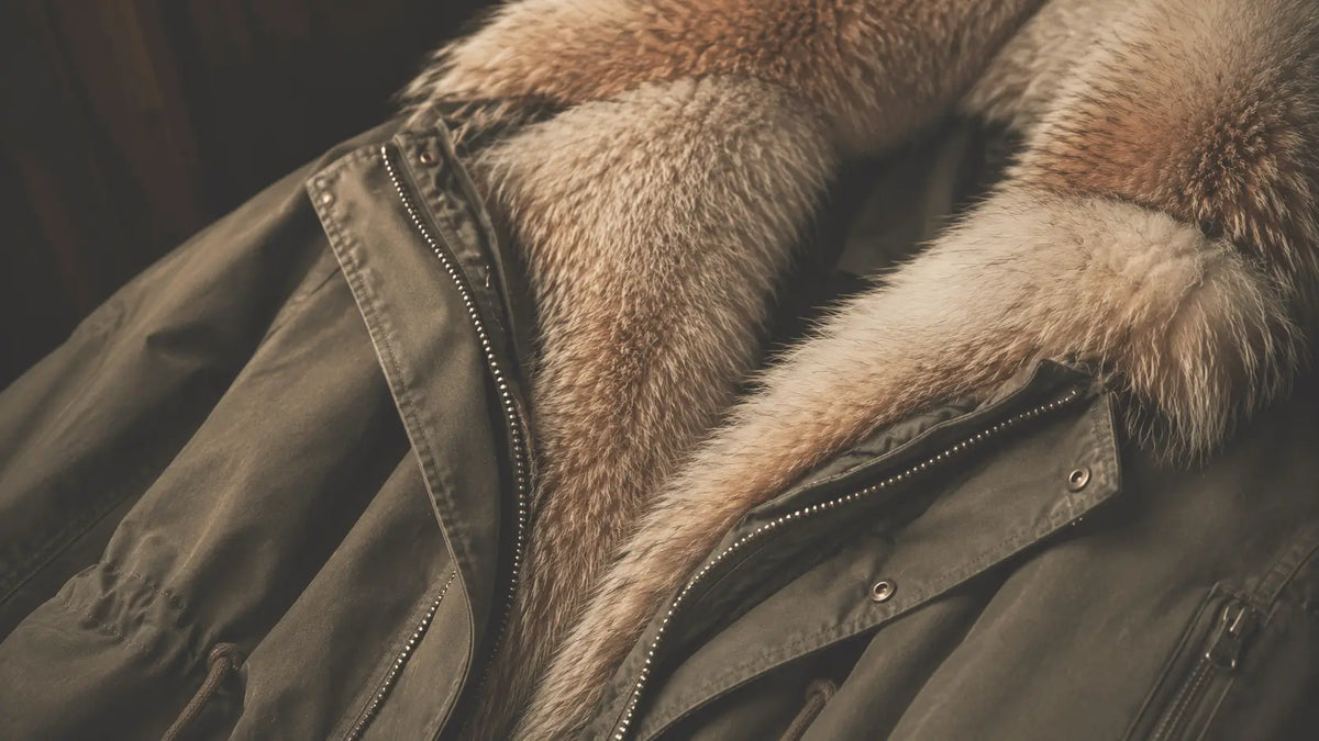 
Close view of an olive parka with a fur-trim hood, zip and front fastening details.