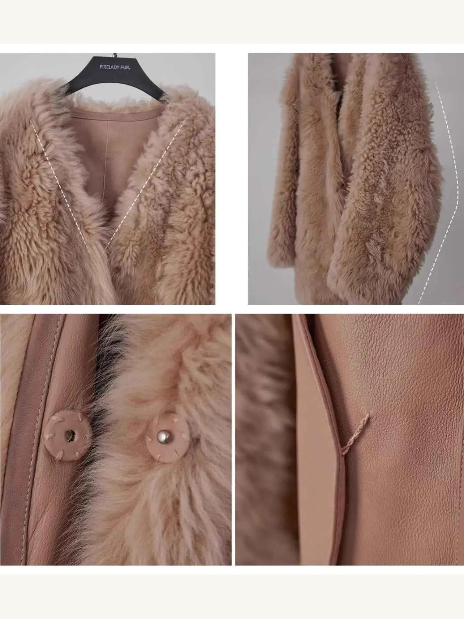 Peach Oolong Toscana shearling coat collar, sleeve and fastening details