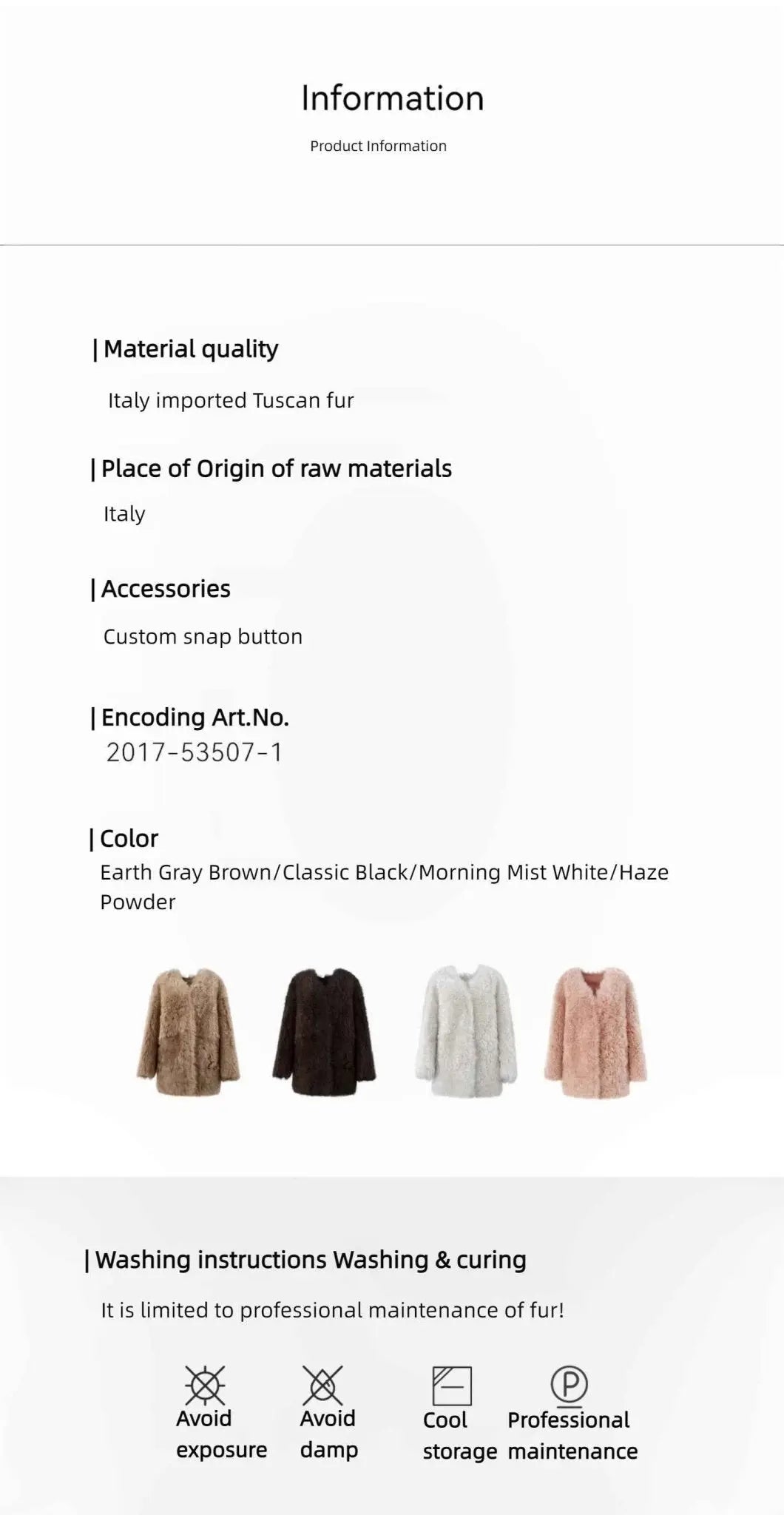 Peach Oolong Toscana sheepskin winter coat product and care information