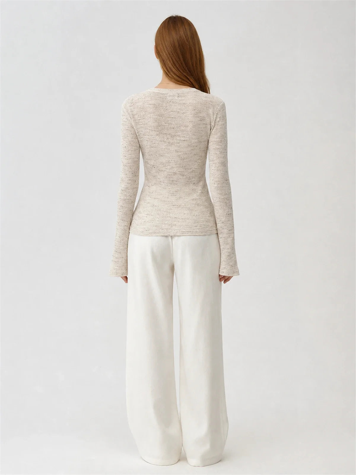 Perry Moonlight Apricot beaded cotton linen knit cardigan on ROSINA model back view