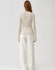 Perry Moonlight Apricot beaded cotton linen knit cardigan on ROSINA model back view