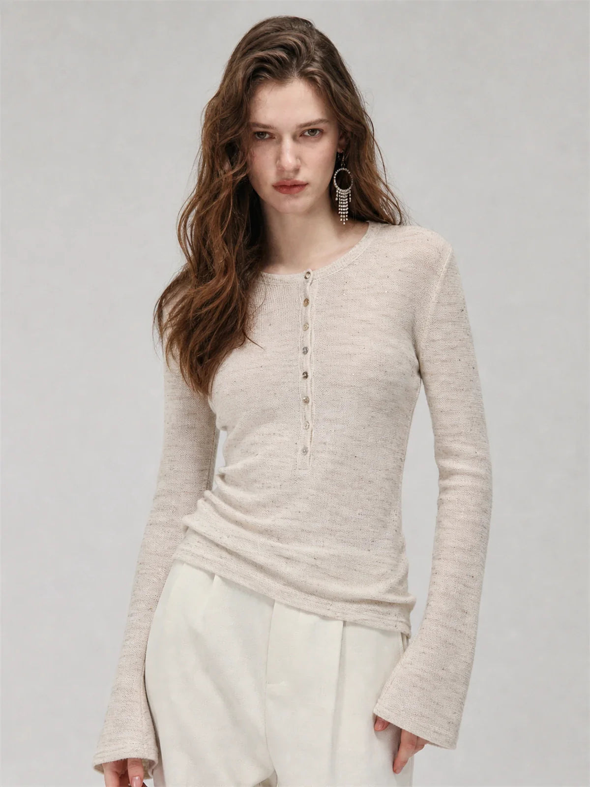 Perry Moonlight Apricot beaded cotton linen knit cardigan on ROSINA model front view