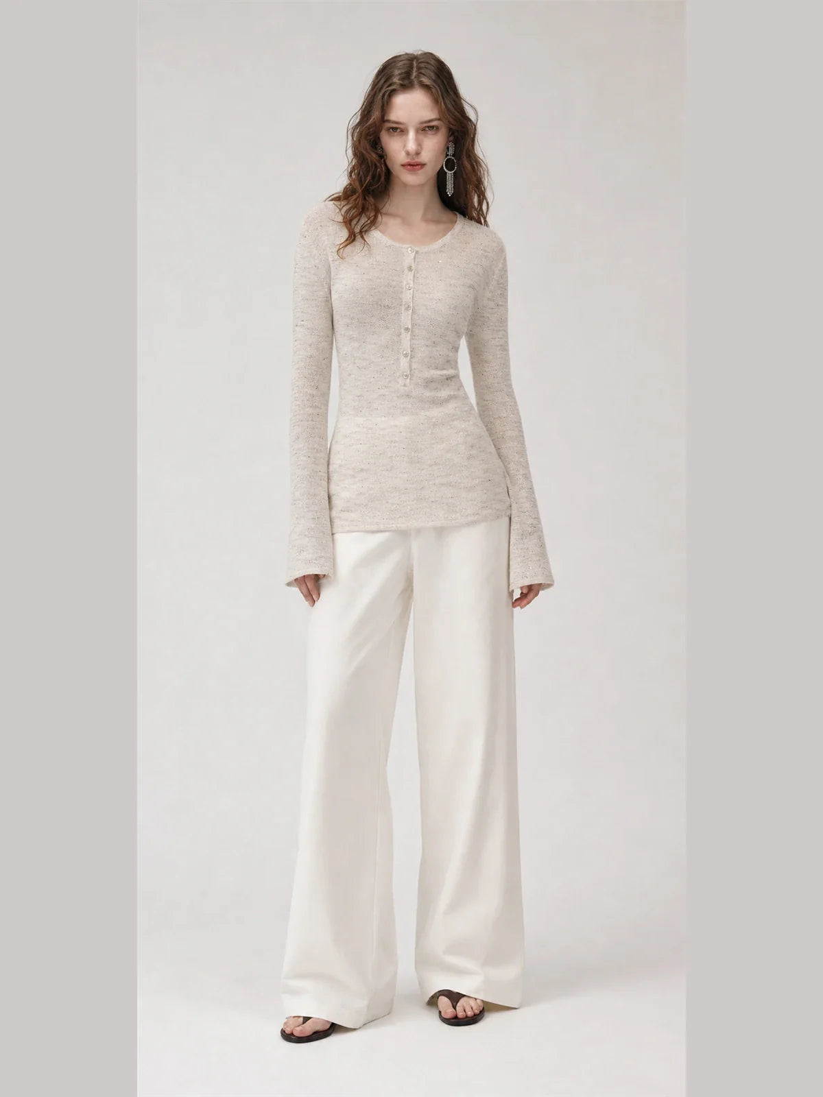 Perry Moonlight Apricot beaded cotton linen knit cardigan on ROSINA model full front view