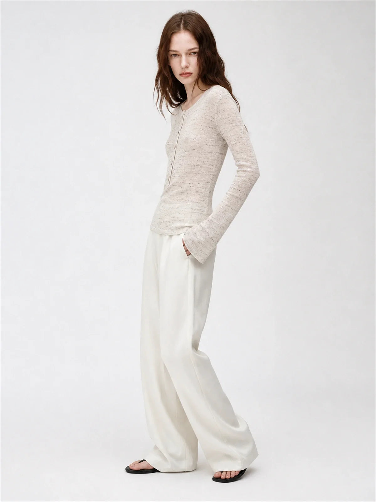 Perry Moonlight Apricot beaded cotton linen knit cardigan on ROSINA model side view