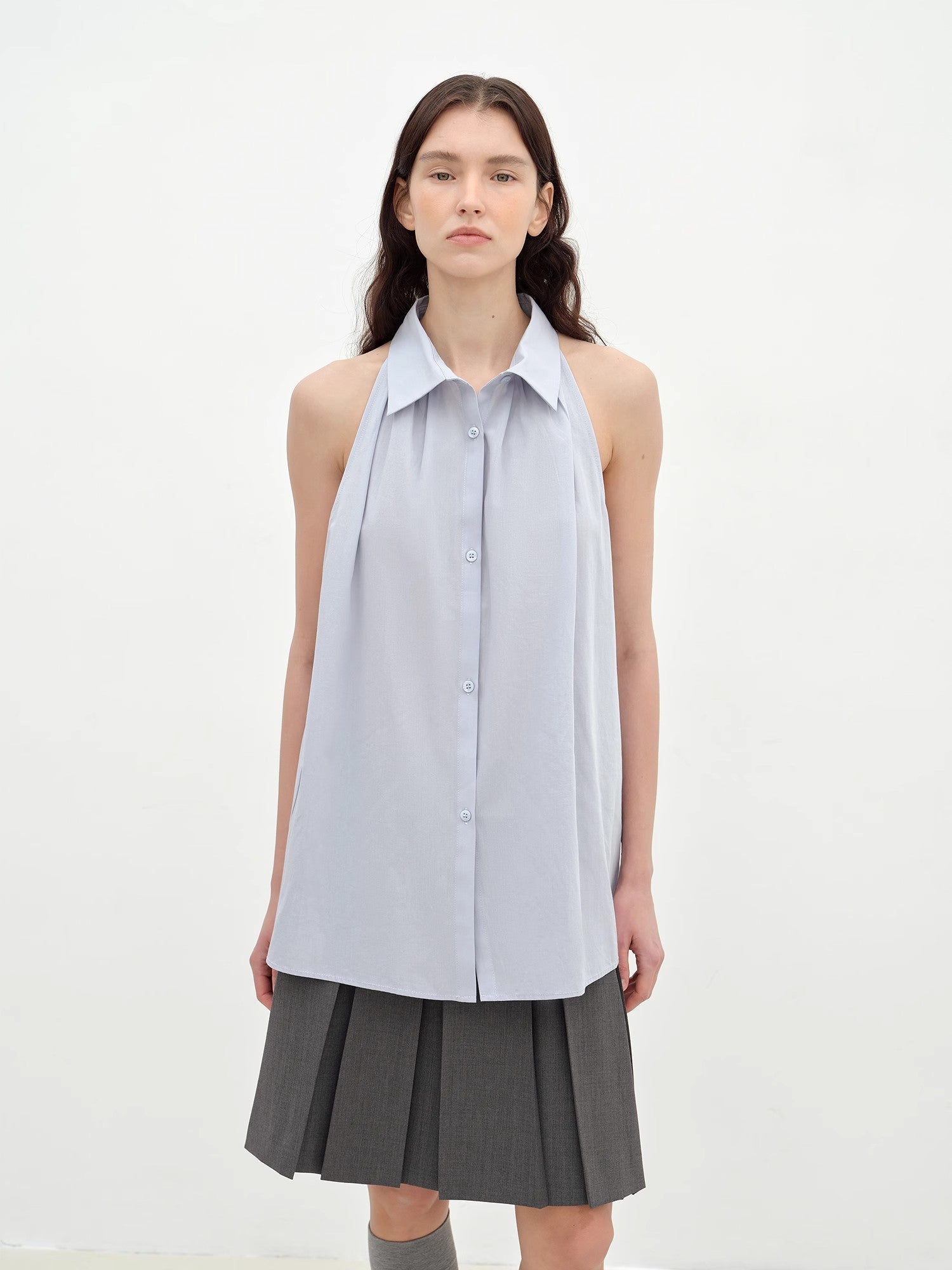 "Poland Island" imported pure cotton stand - up collar sleeveless striped shirt temperament top for women - variant_title