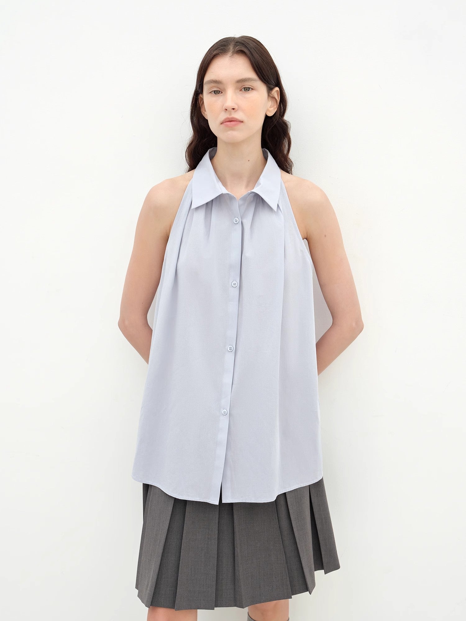 "Poland Island" imported pure cotton stand - up collar sleeveless striped shirt temperament top for women - variant_title